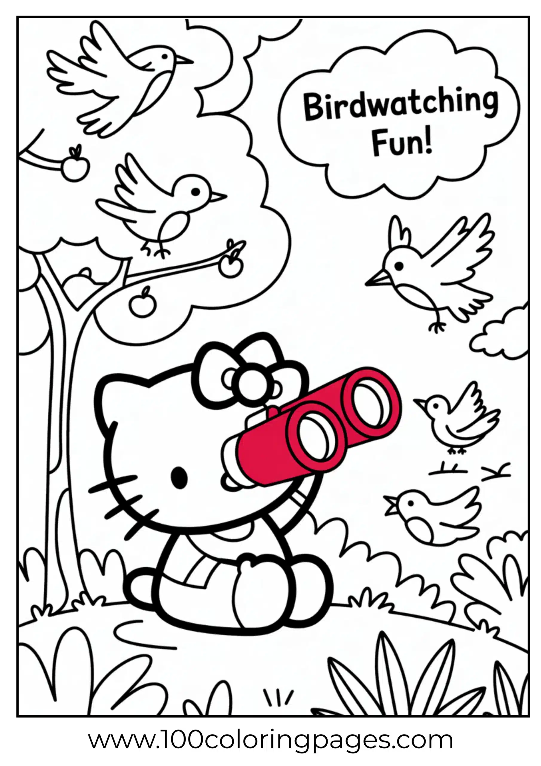 Hello Kitty birdwatching coloring page