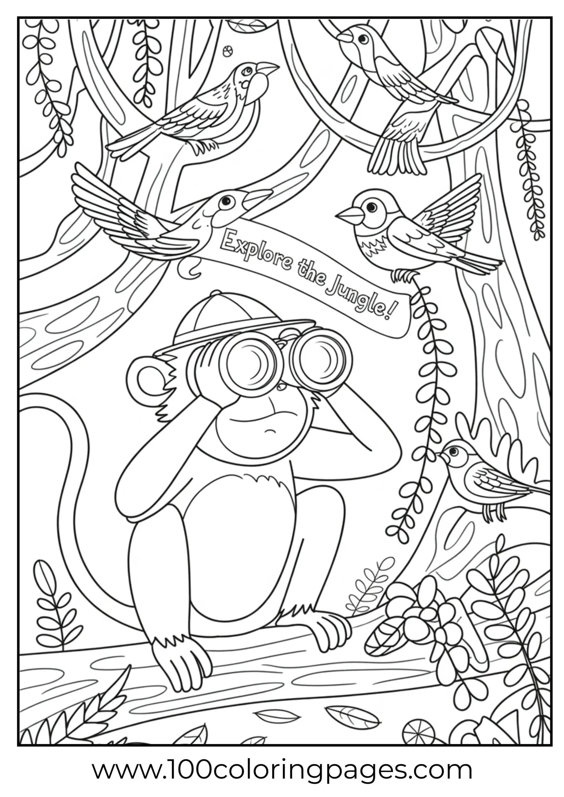 Monkey birdwatching with binoculars coloring page
