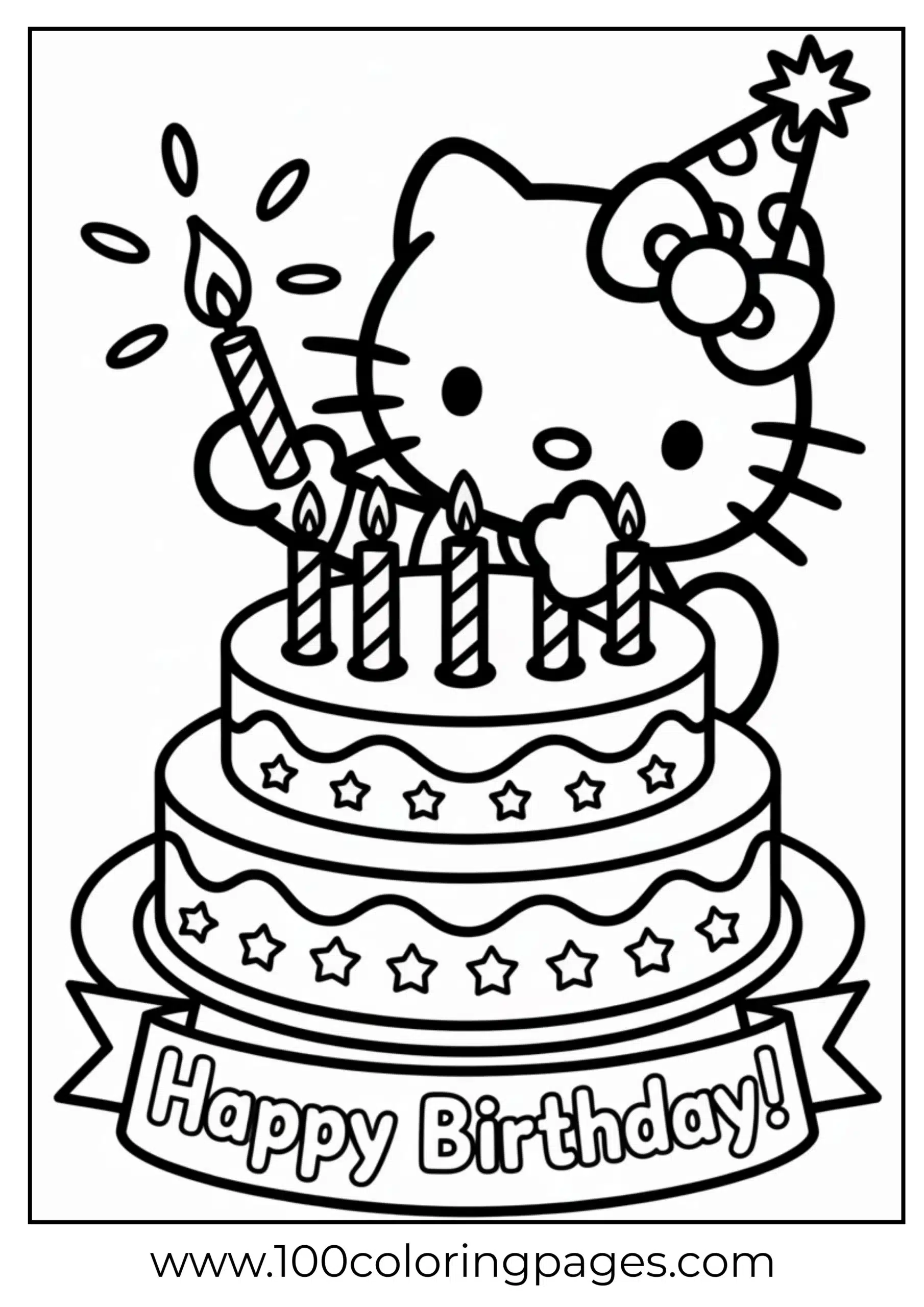 Hello Kitty blowing birthday candles coloring page