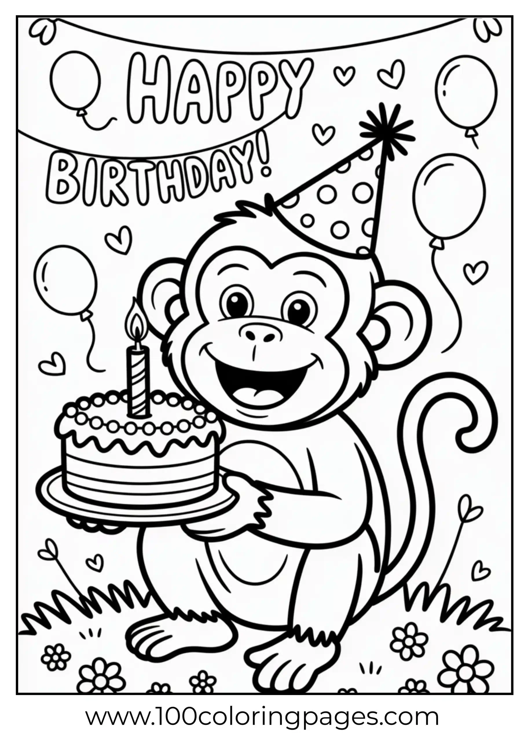 Monkey holding cake with candle coloring page