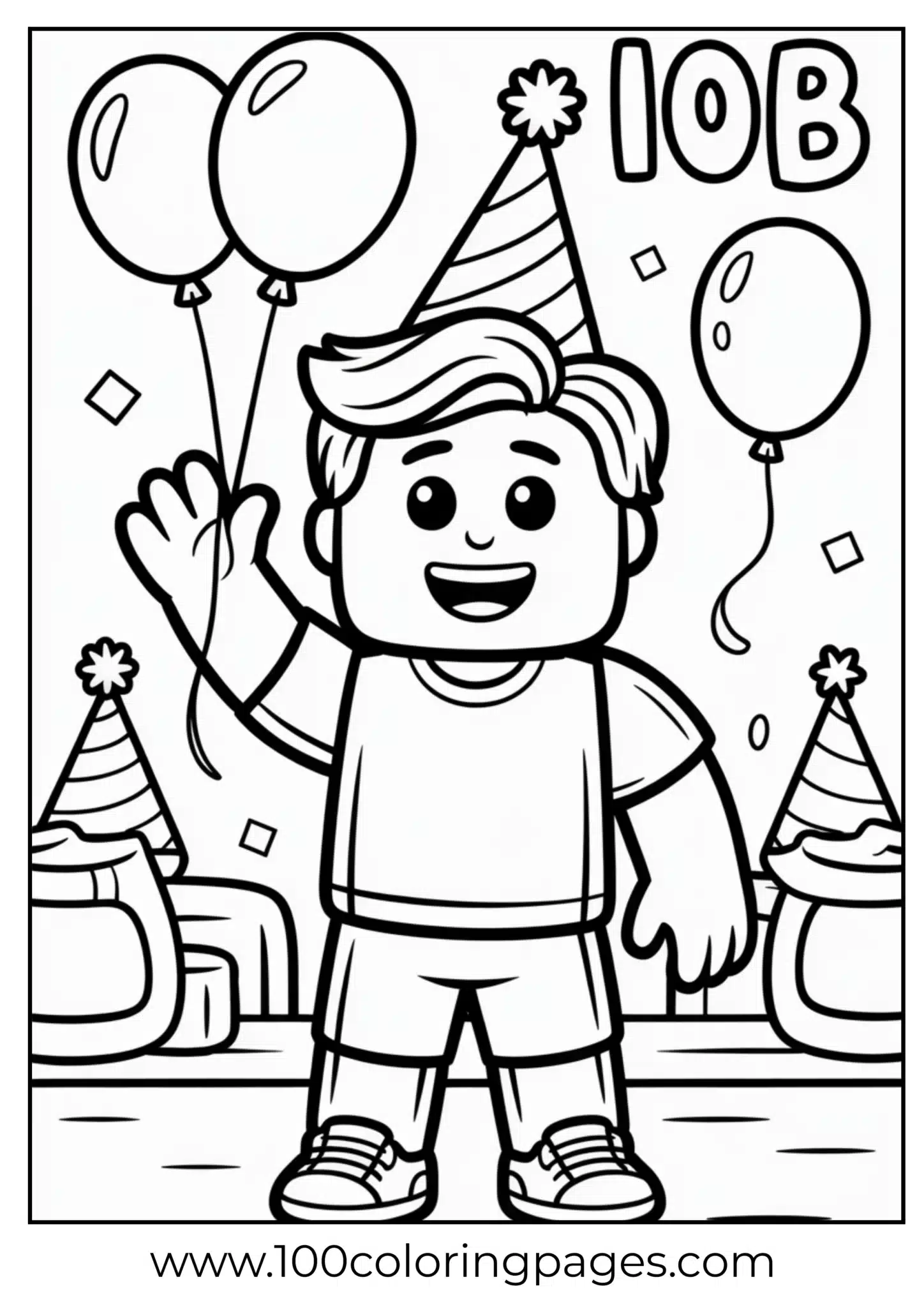 Boy with balloons and party hat in a festive scene