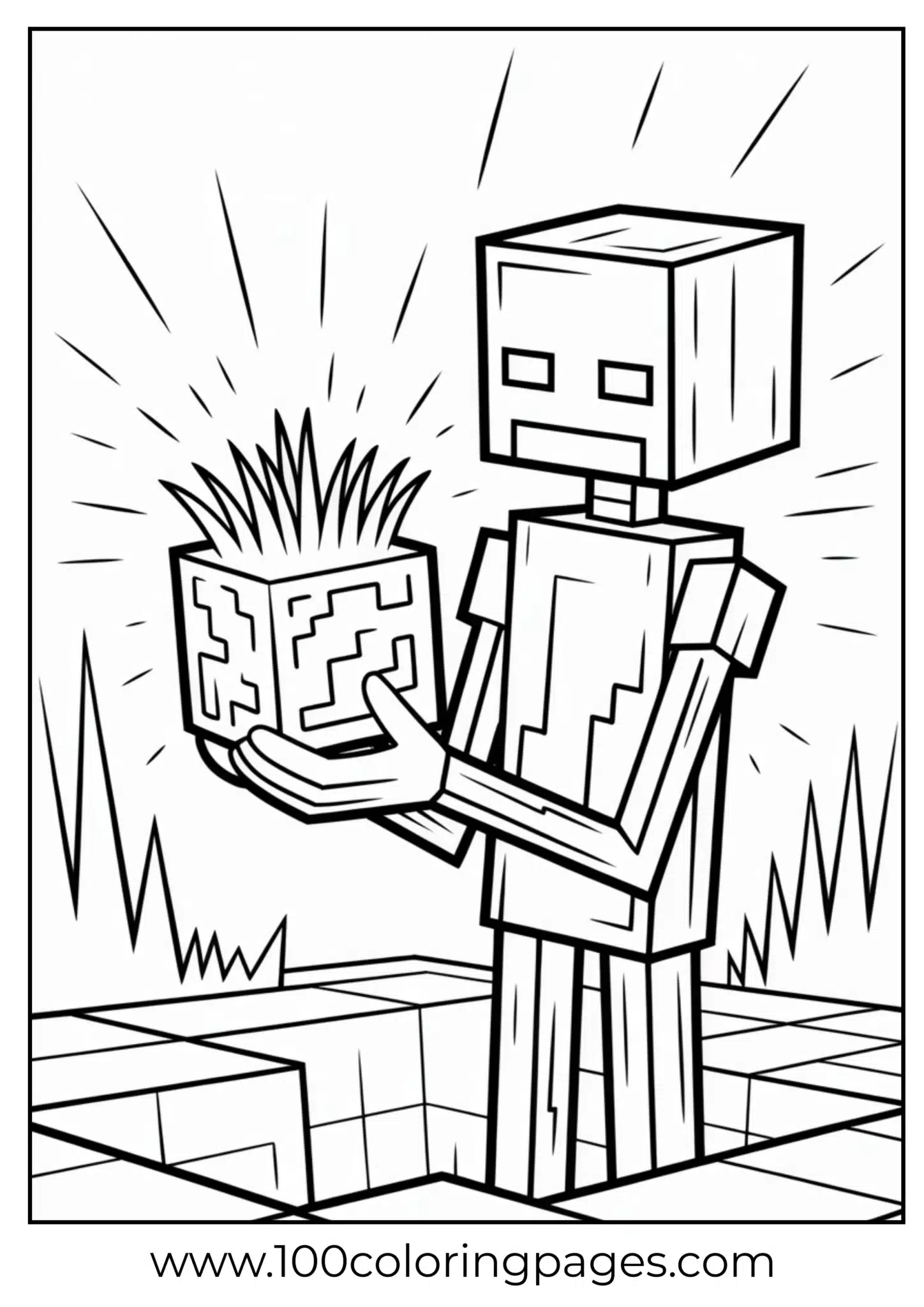 Block character holding a glowing magic book in a tiled room