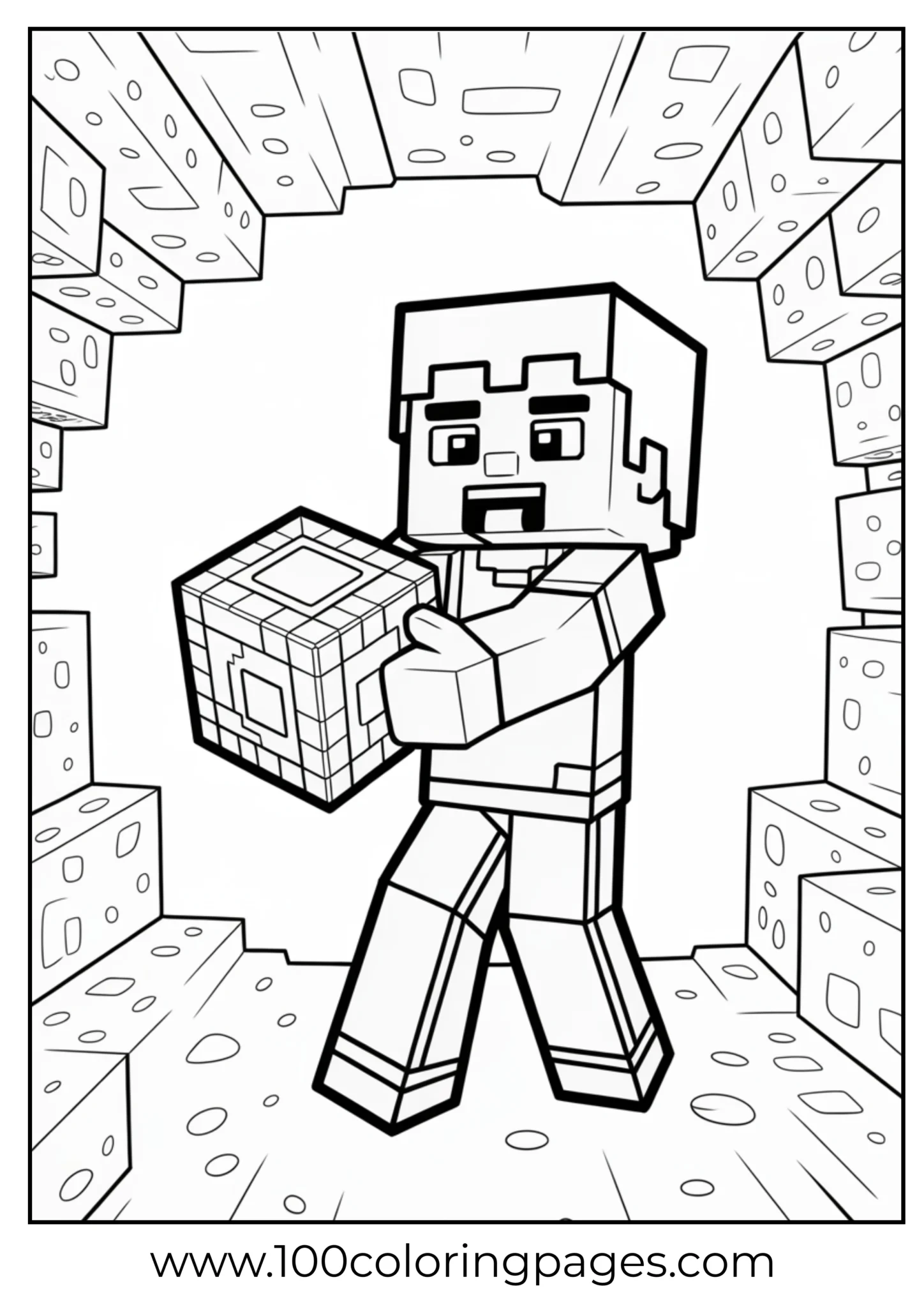 Cartoon of block-style character holding a cube in a room