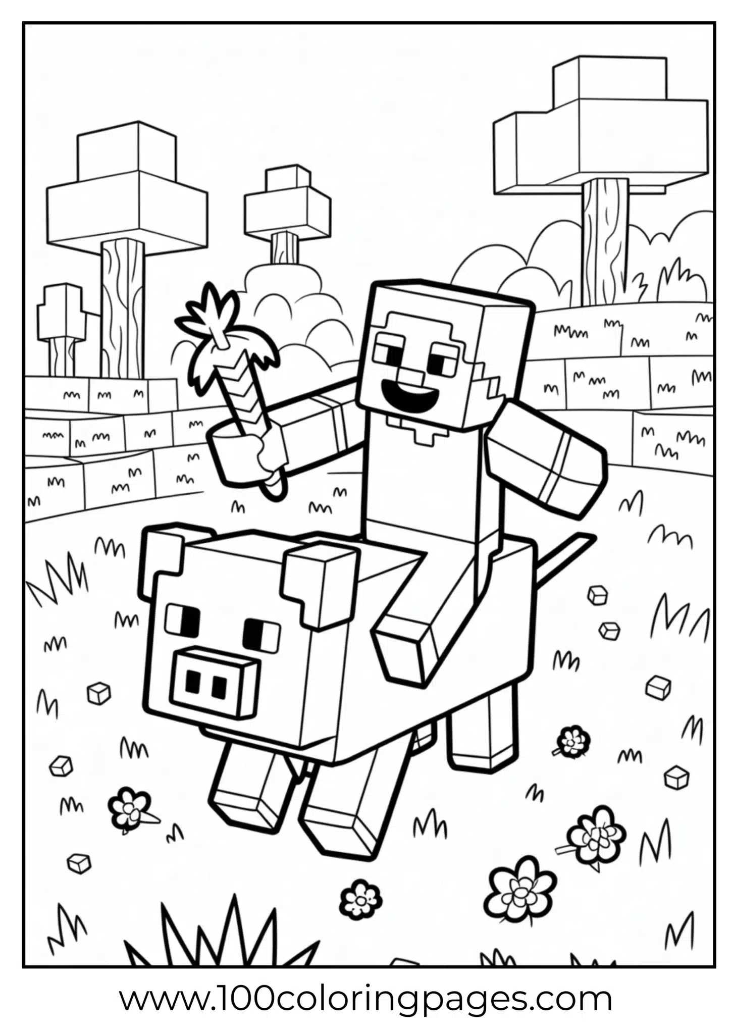 Block character riding a pig in a playful landscape