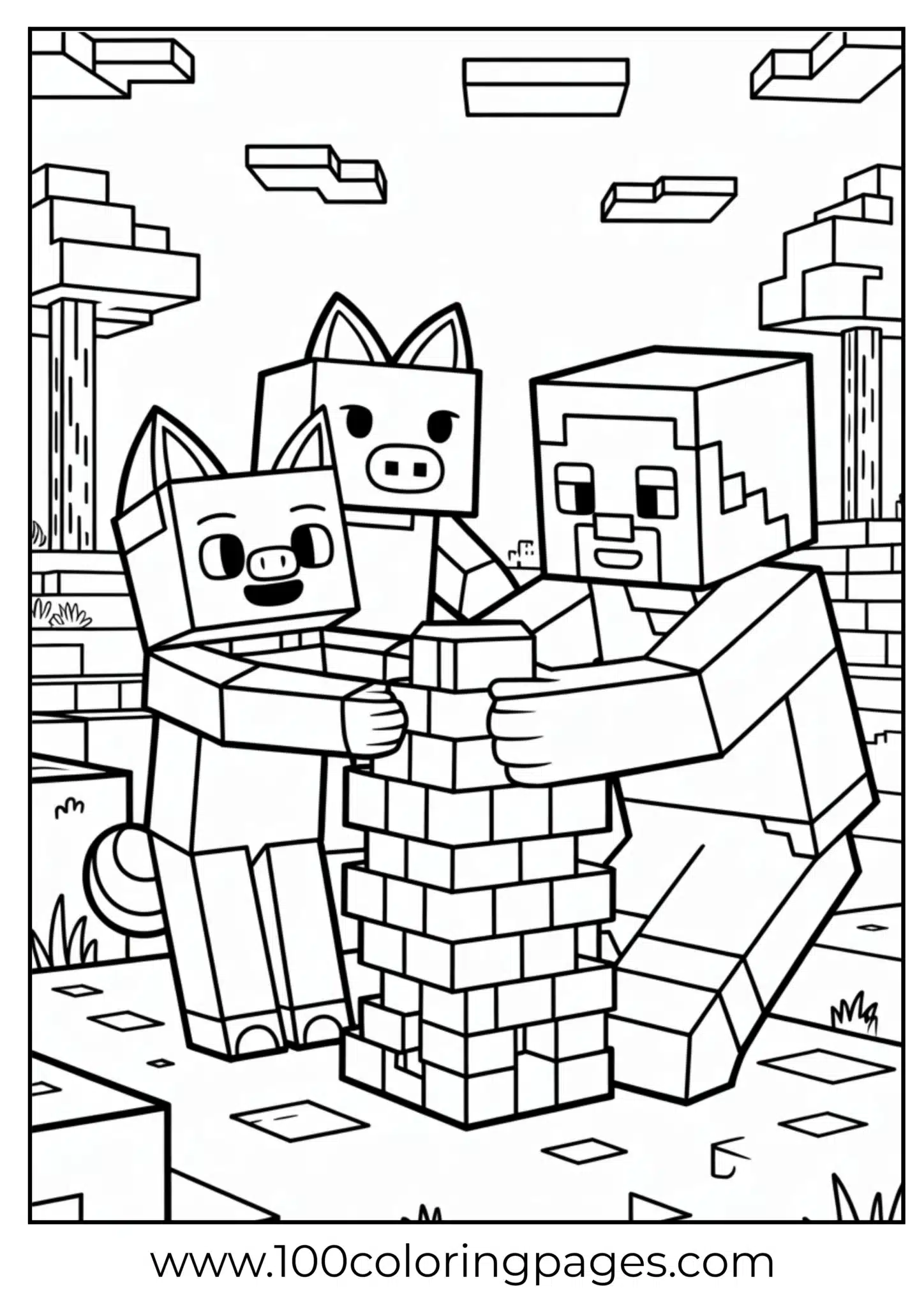 Kids will enjoy coloring blocky characters building with bricks