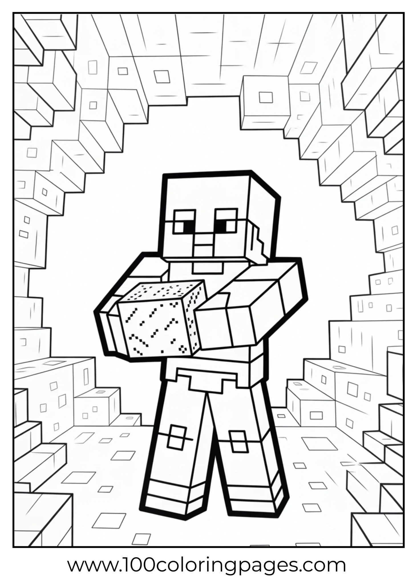Blocky robot with cubes in a patterned background