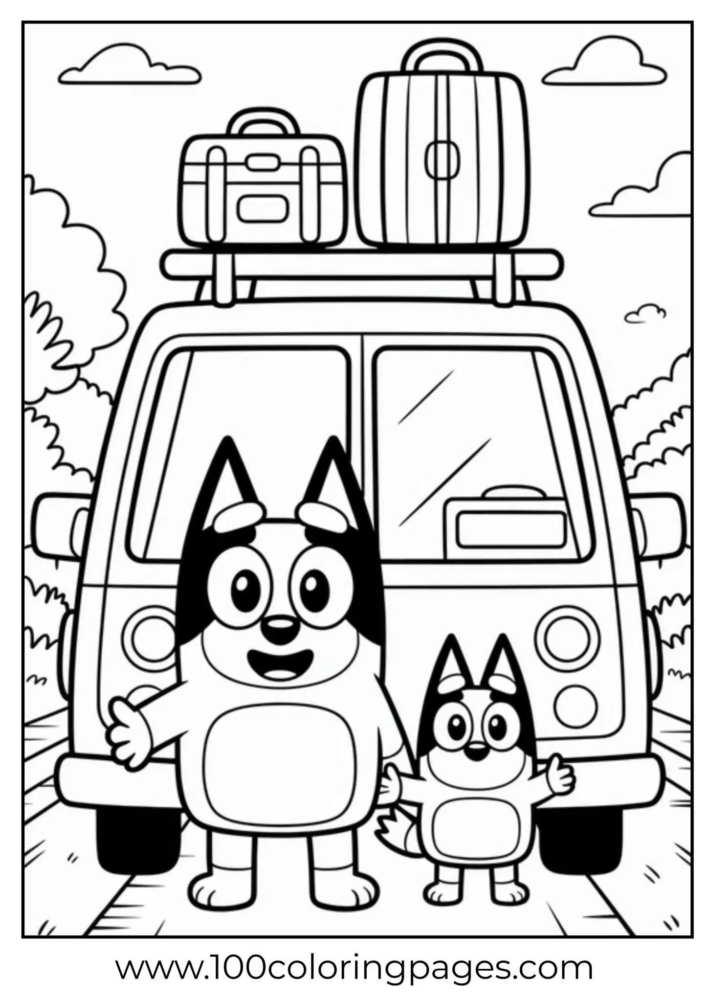 Bluey and Bingo on a family road trip, standing by a car
