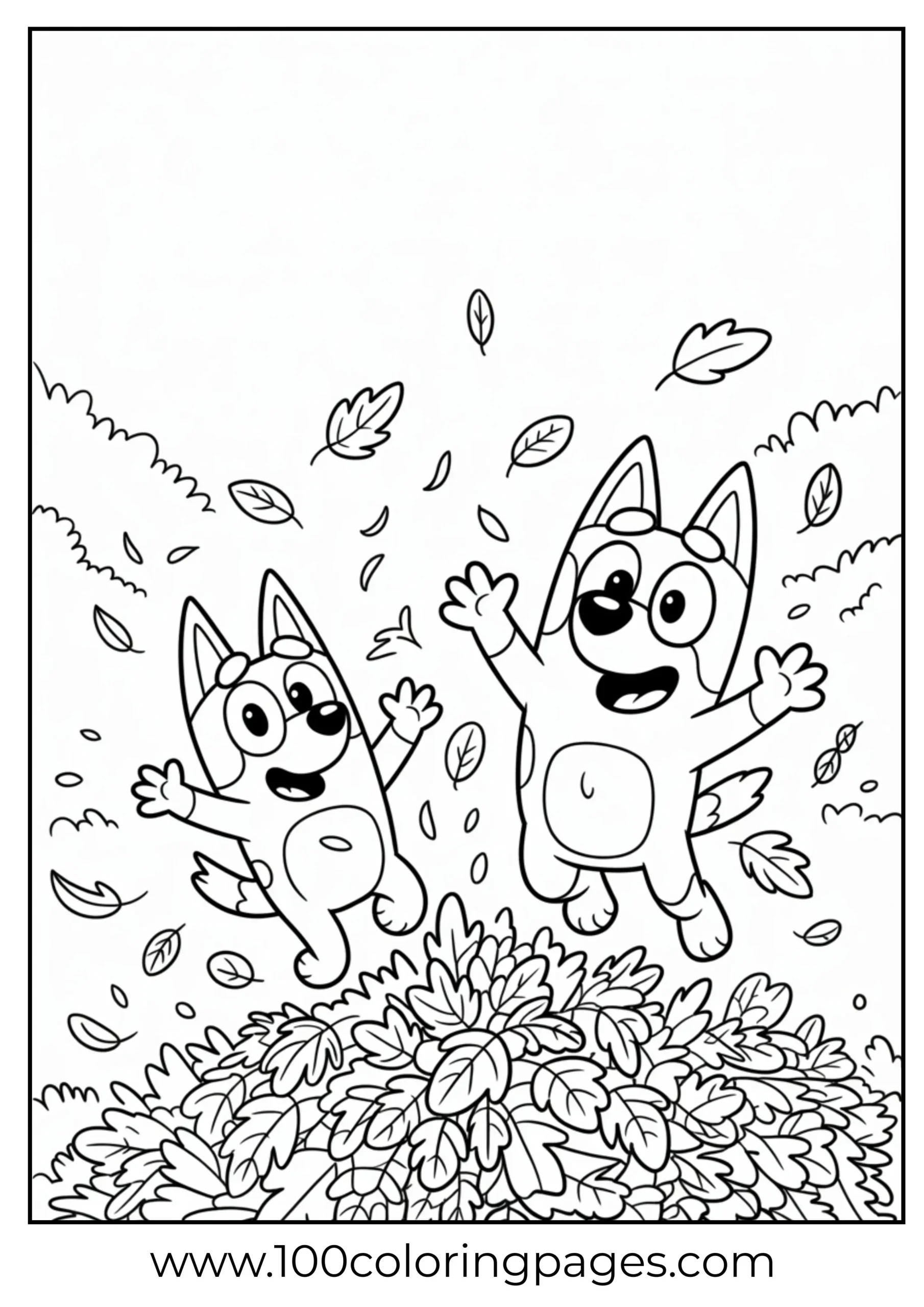 Bluey and Bingo jumping in leaves coloring page