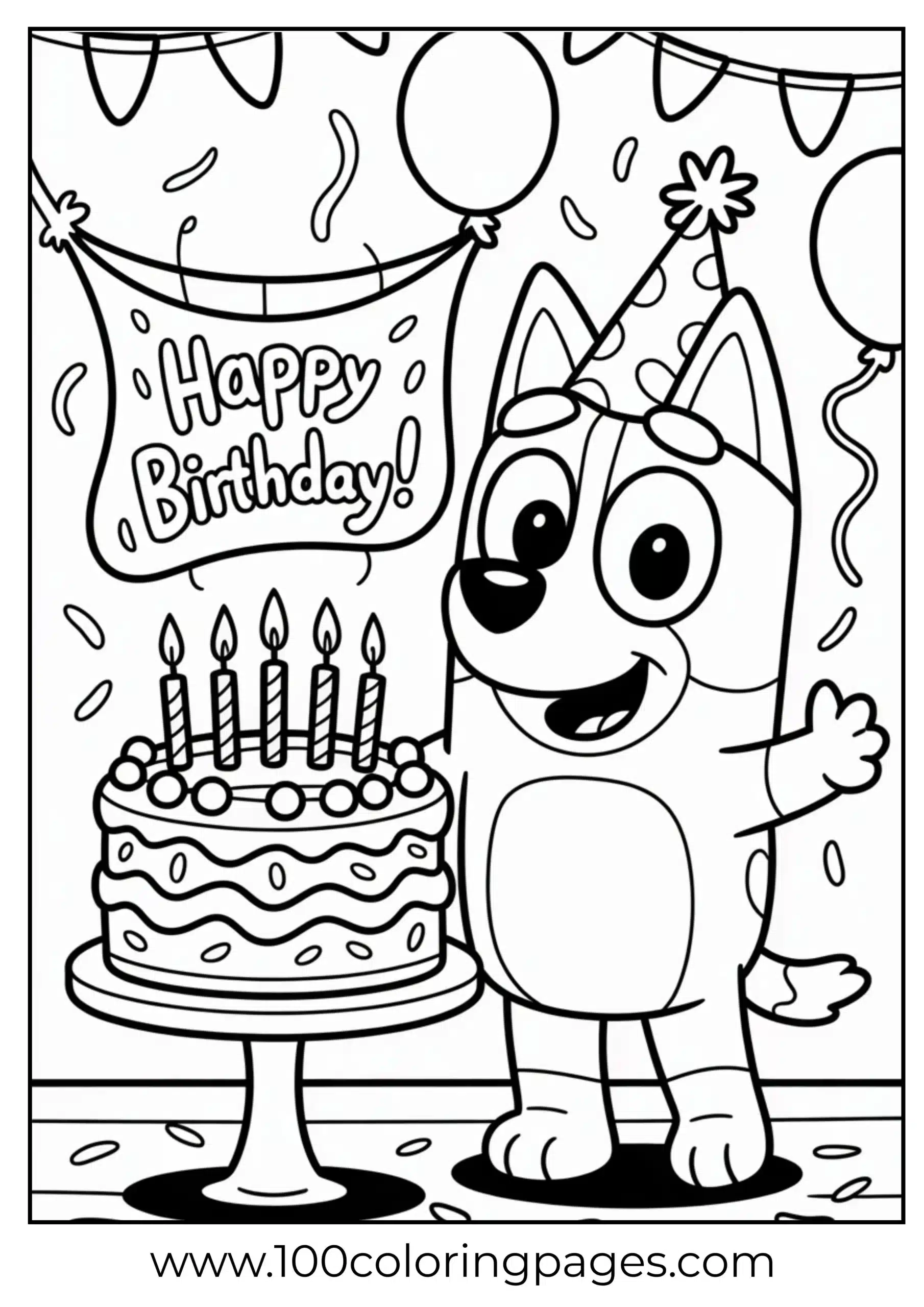 Bluey with birthday cake coloring page