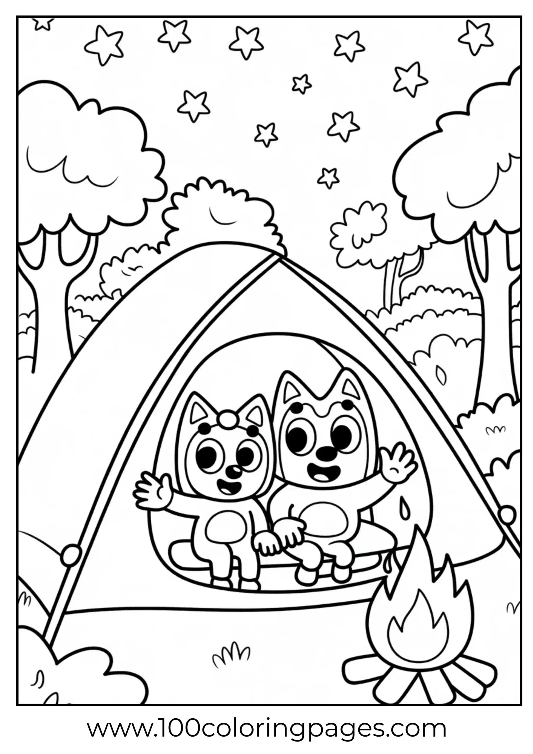 Bluey and Bingo in a tent coloring page