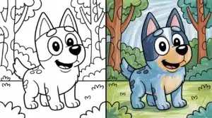 Side-by-side Bluey coloring pages featuring a happy cartoon Blue Heeler in a forest setting – black and white version beside a fully colored one