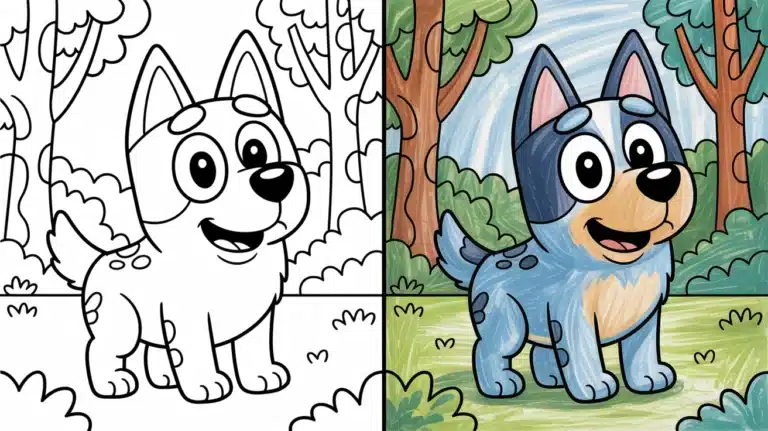 Side-by-side Bluey coloring pages featuring a happy cartoon Blue Heeler in a forest setting – black and white version beside a fully colored one