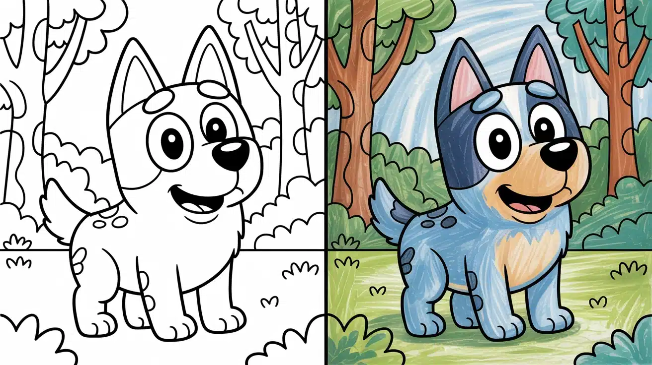 Side-by-side Bluey coloring pages featuring a happy cartoon Blue Heeler in a forest setting – black and white version beside a fully colored one
