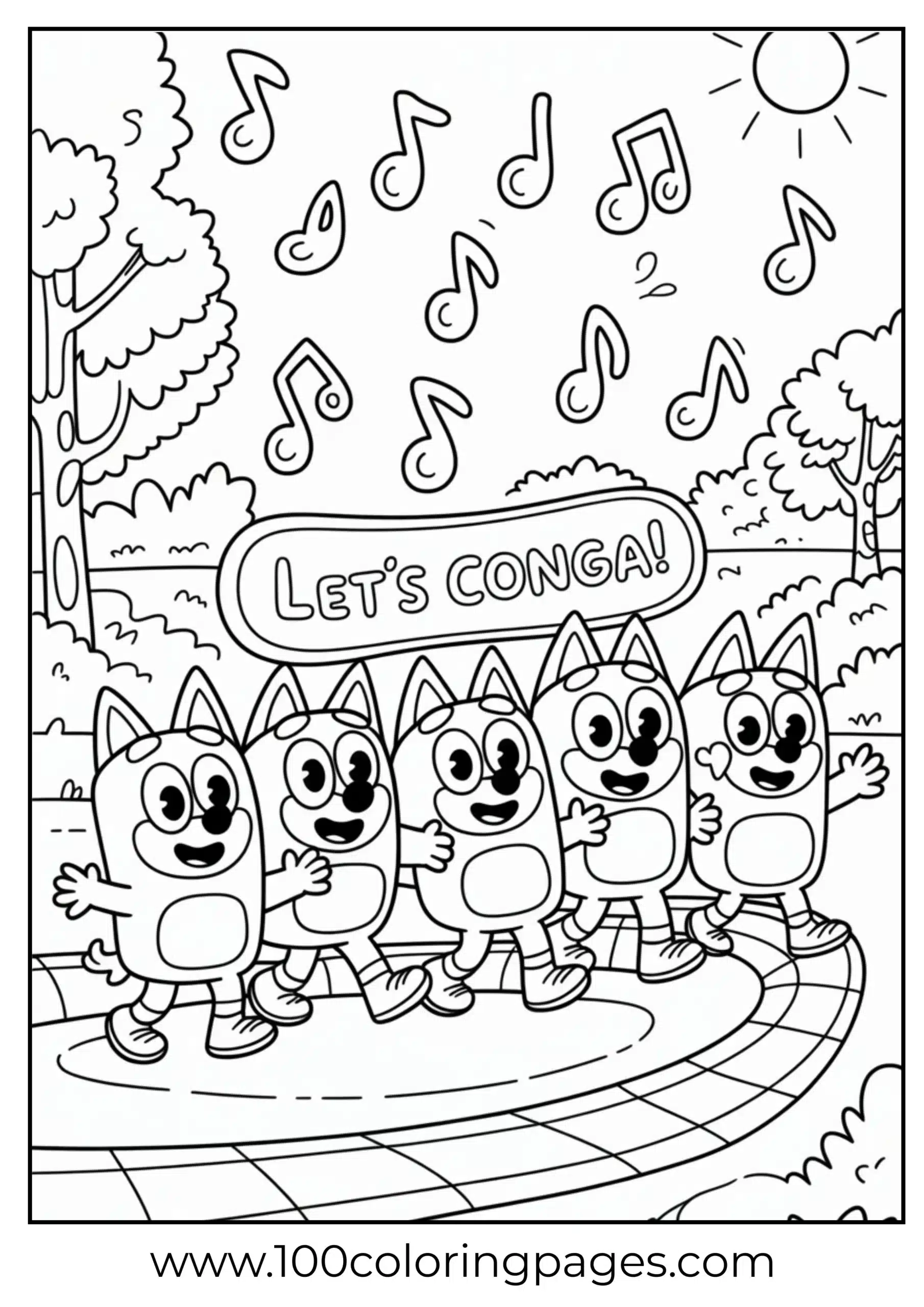 Bluey and friends dancing conga coloring page