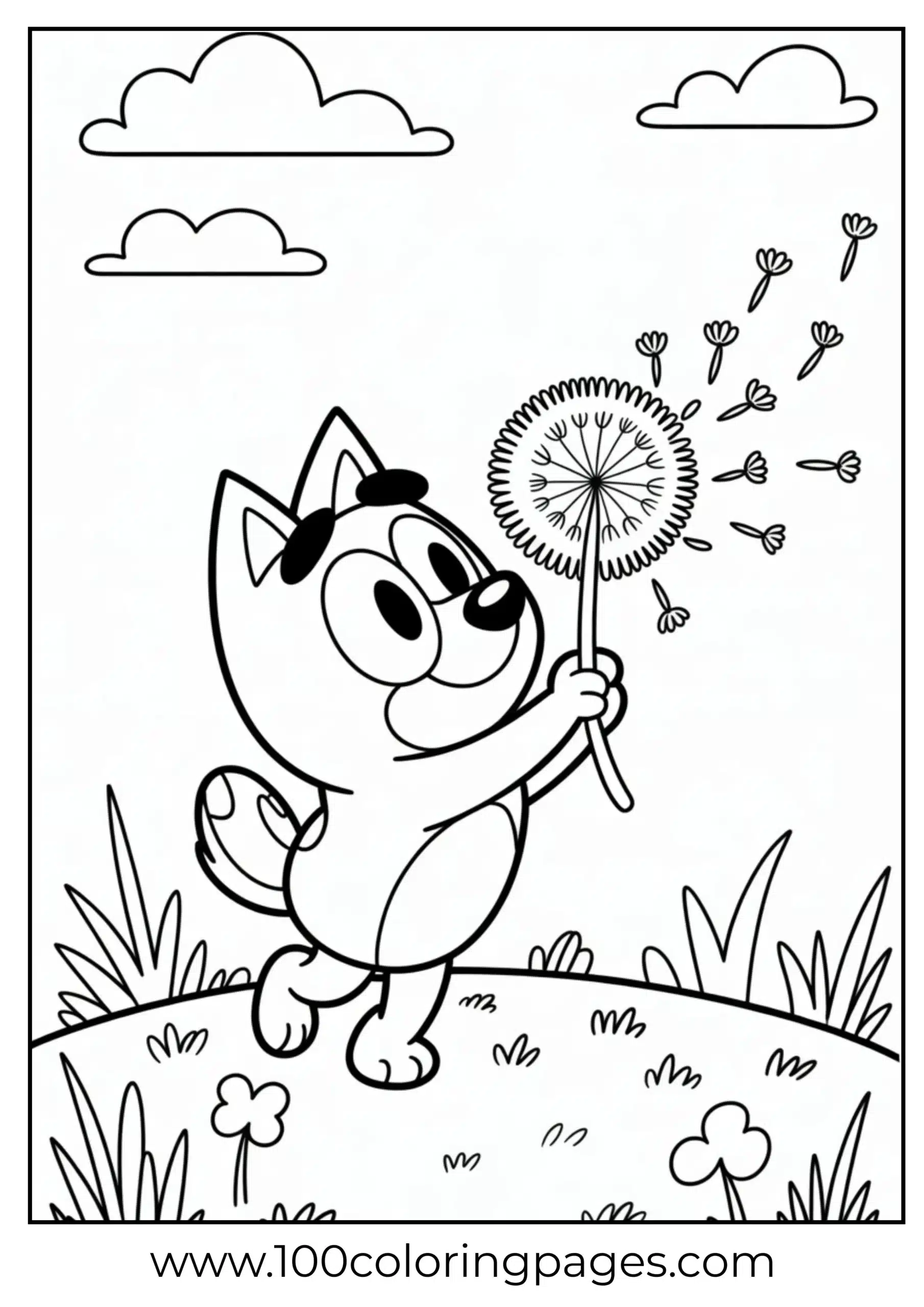 Bluey with dandelion coloring page