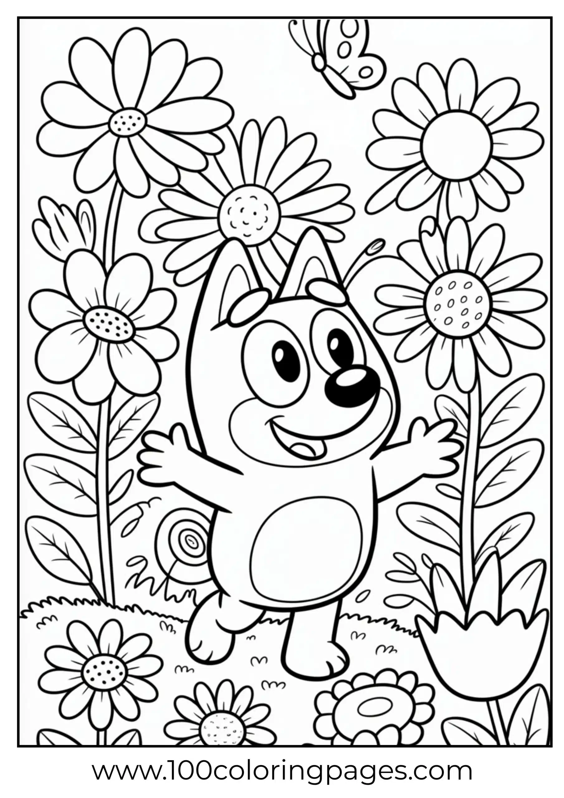 Bluey in flower garden coloring page