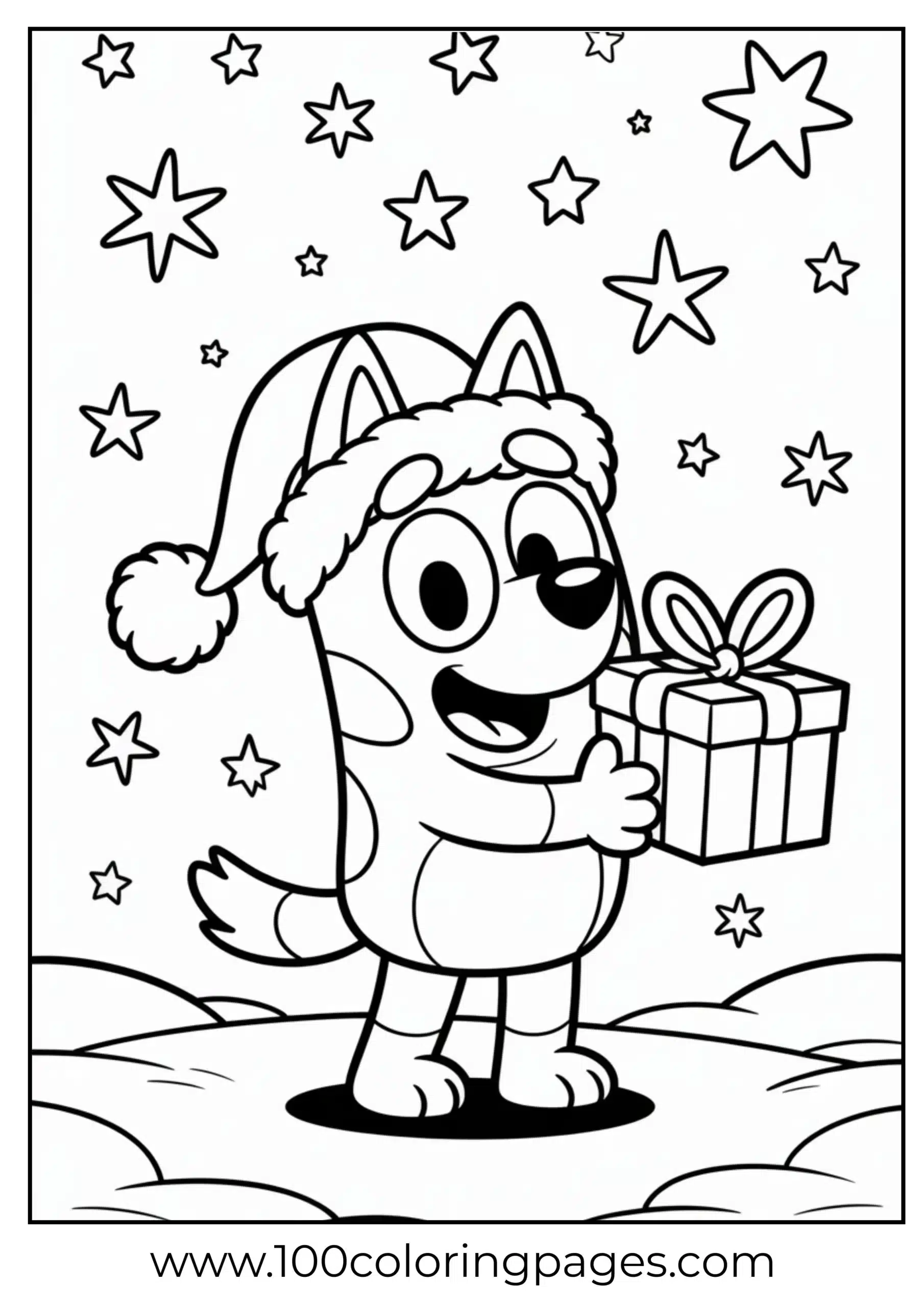 Bluey with gift and Santa hat coloring page