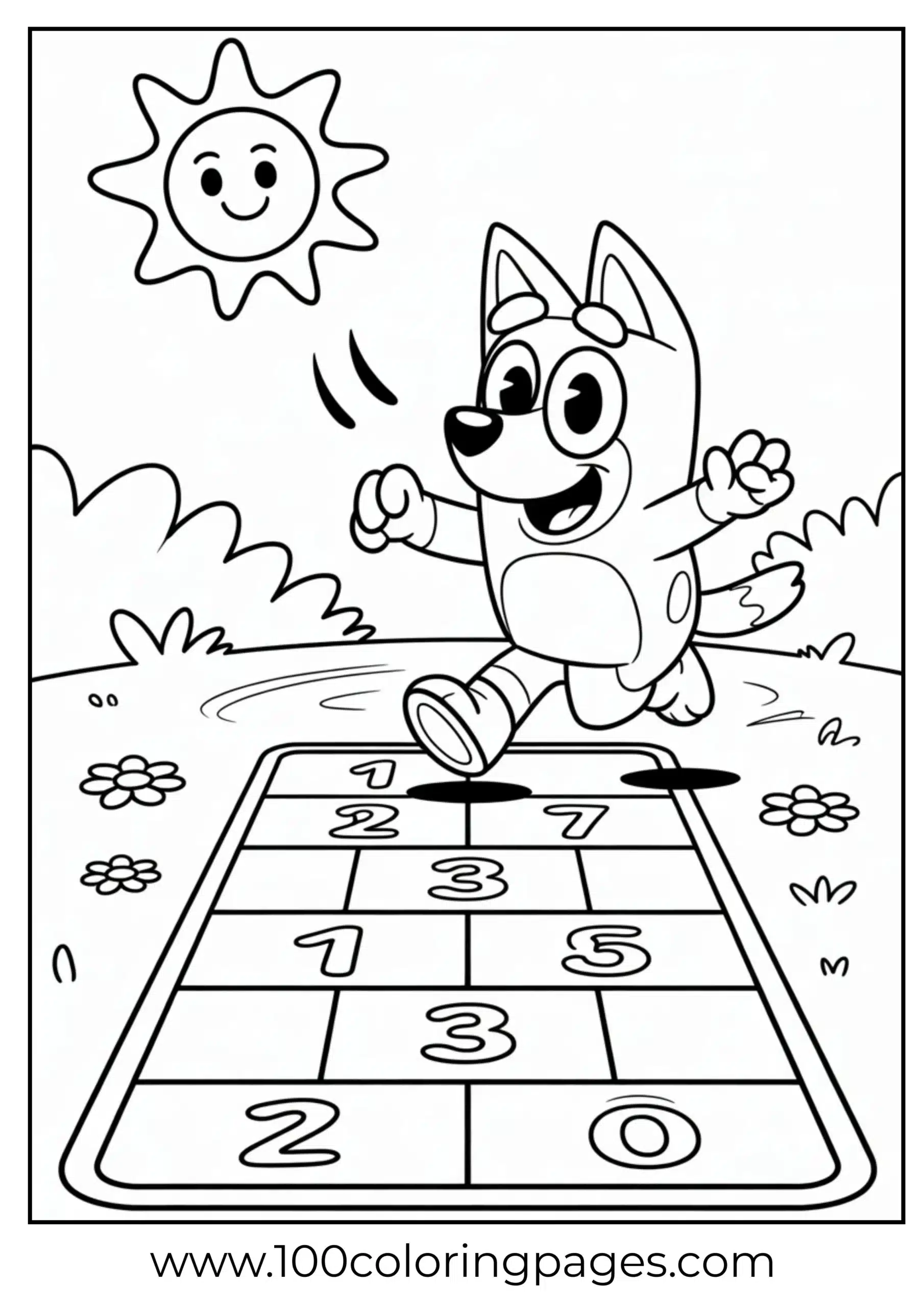 Bluey playing hopscotch coloring page