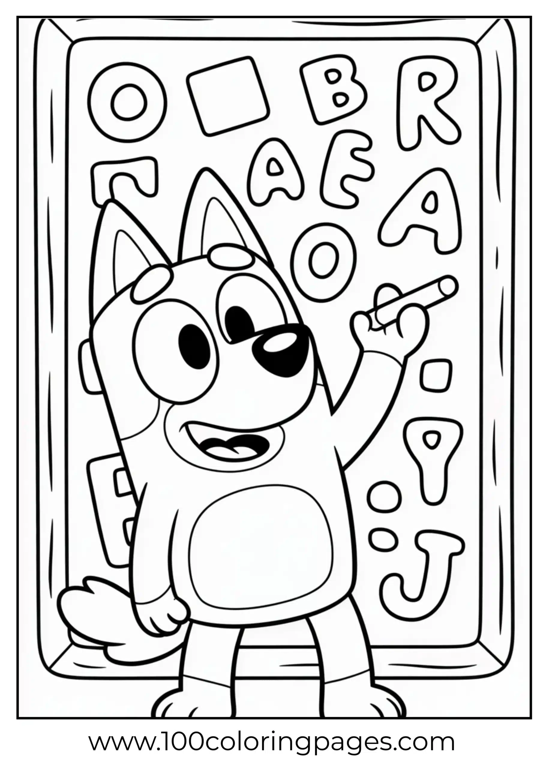 Bluey drawing shapes on chalkboard coloring page