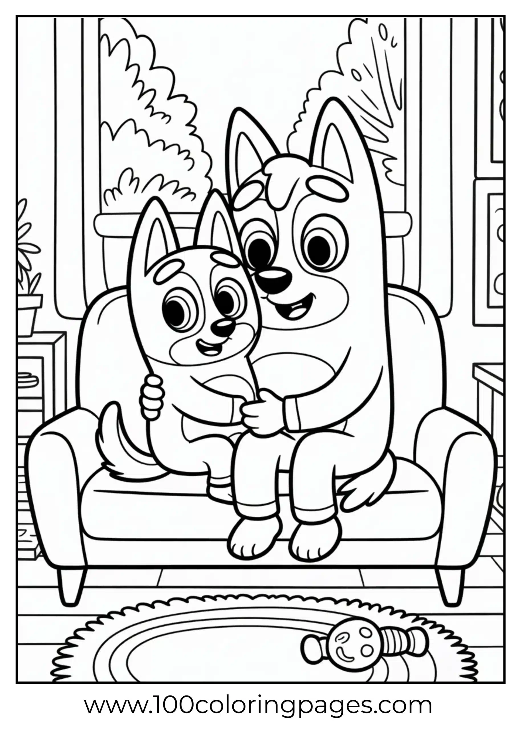 Bluey and mother cuddle coloring page