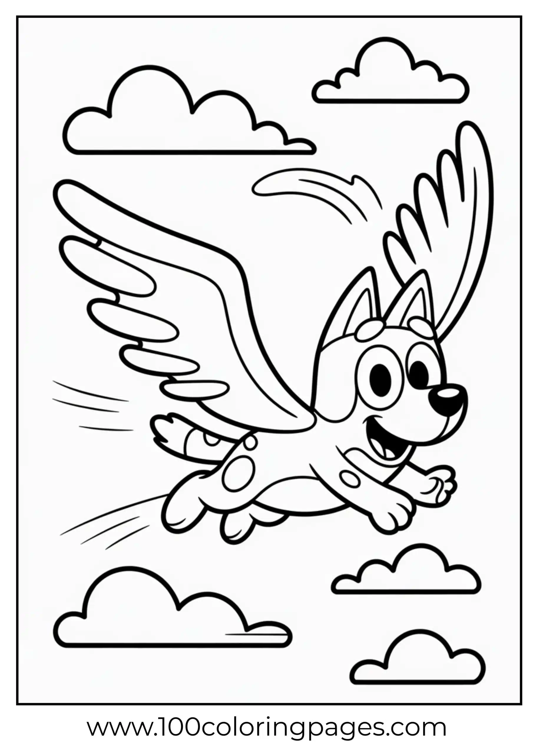 Bluey flying with pretend wings coloring page
