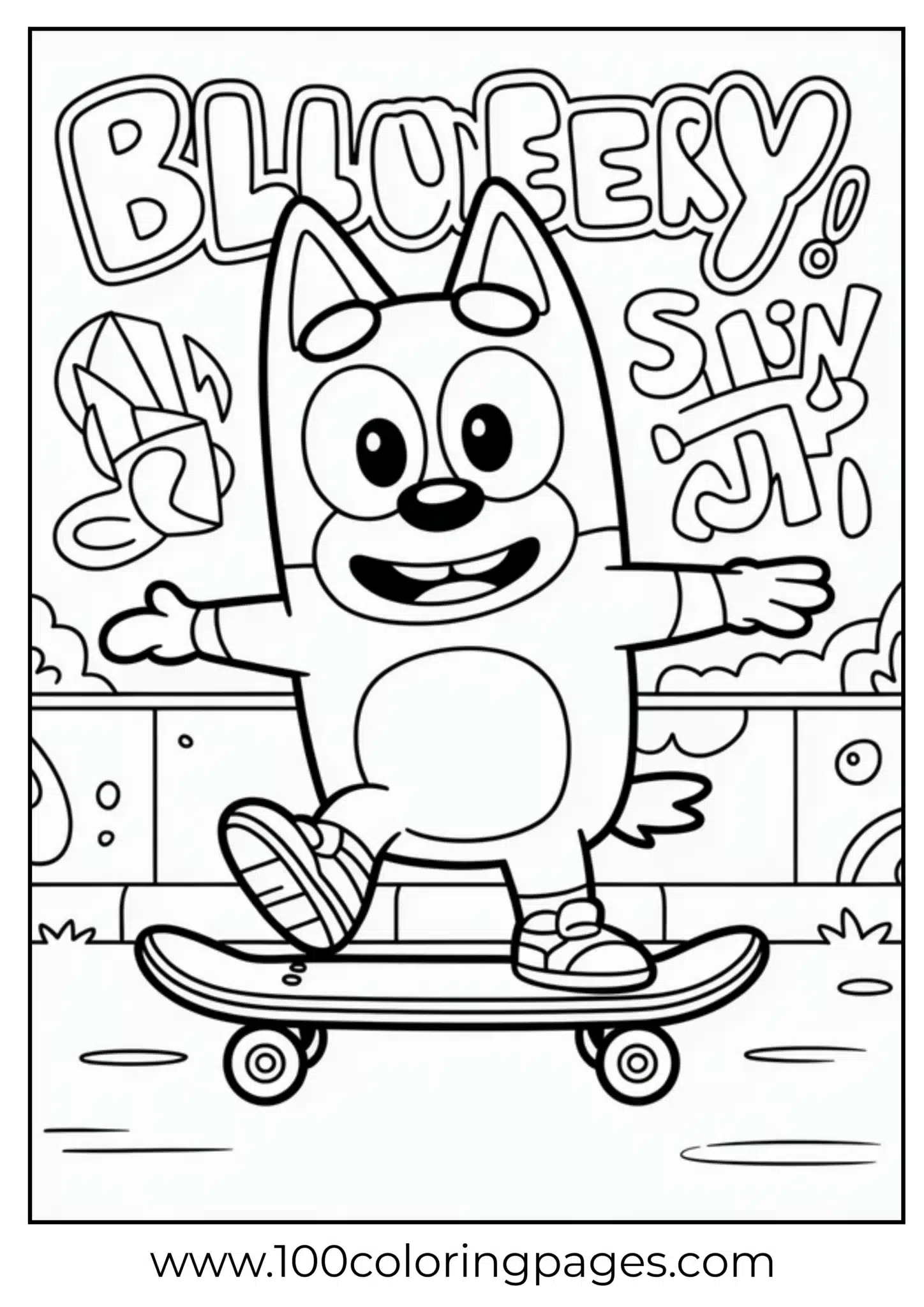 Cartoon dog Bluey skateboarding enthusiastically