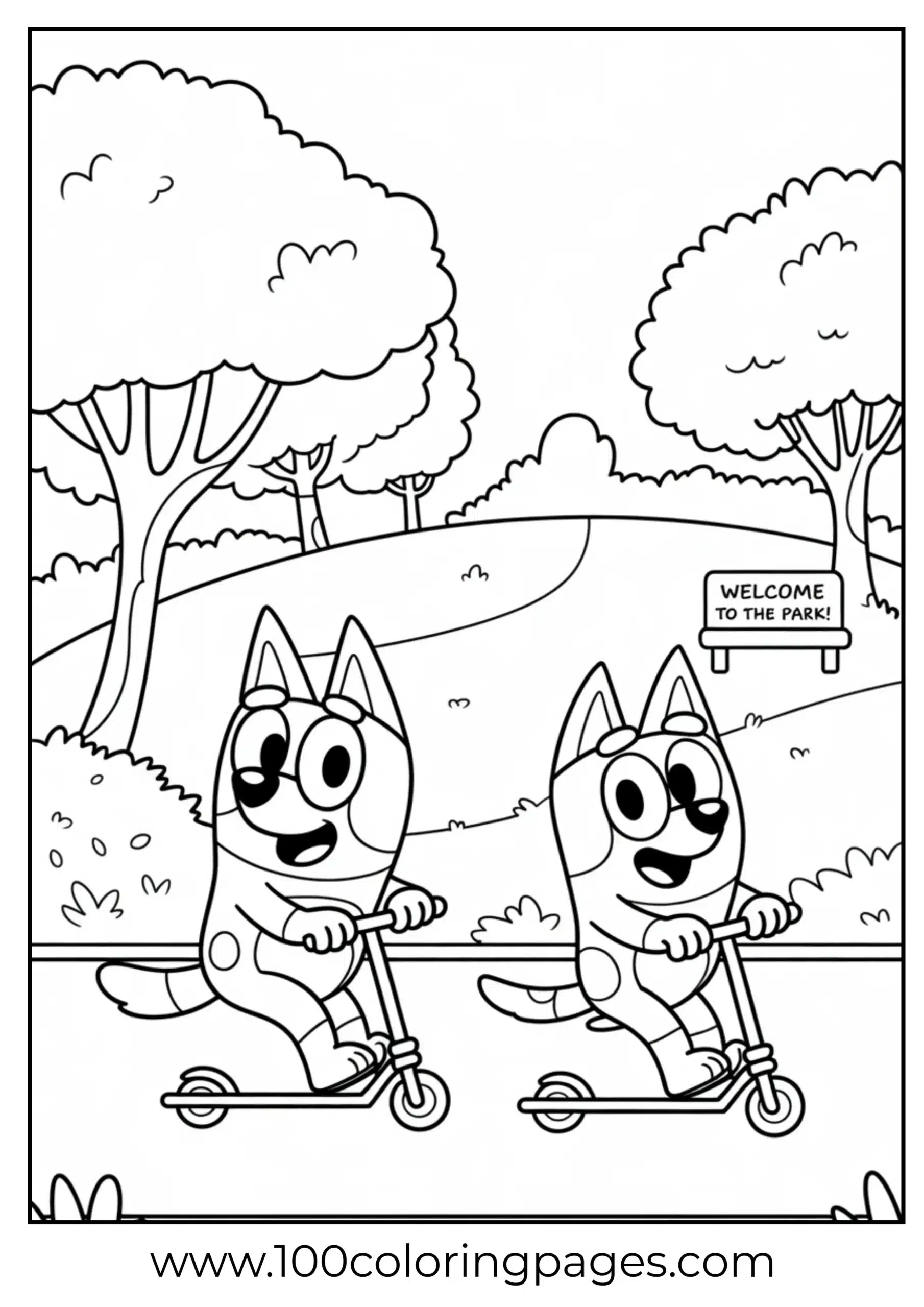 Bluey and Bingo on scooters coloring page