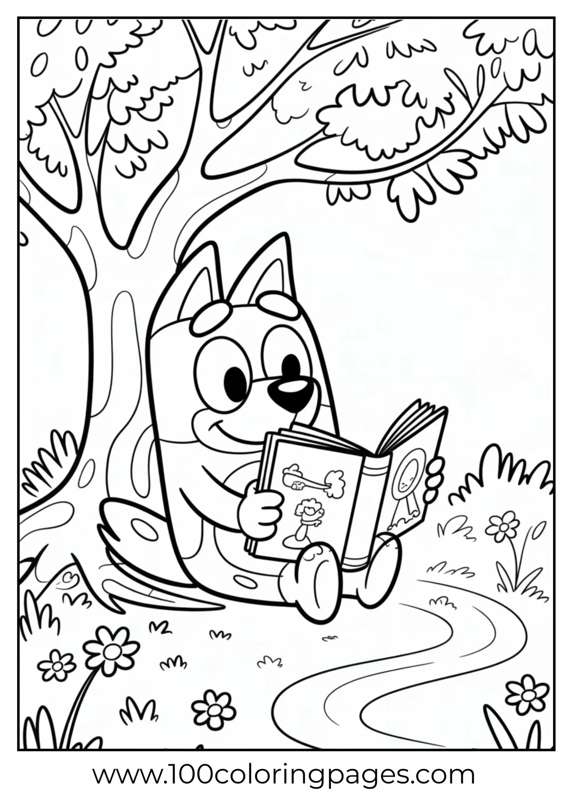 Bluey reading under a tree coloring page