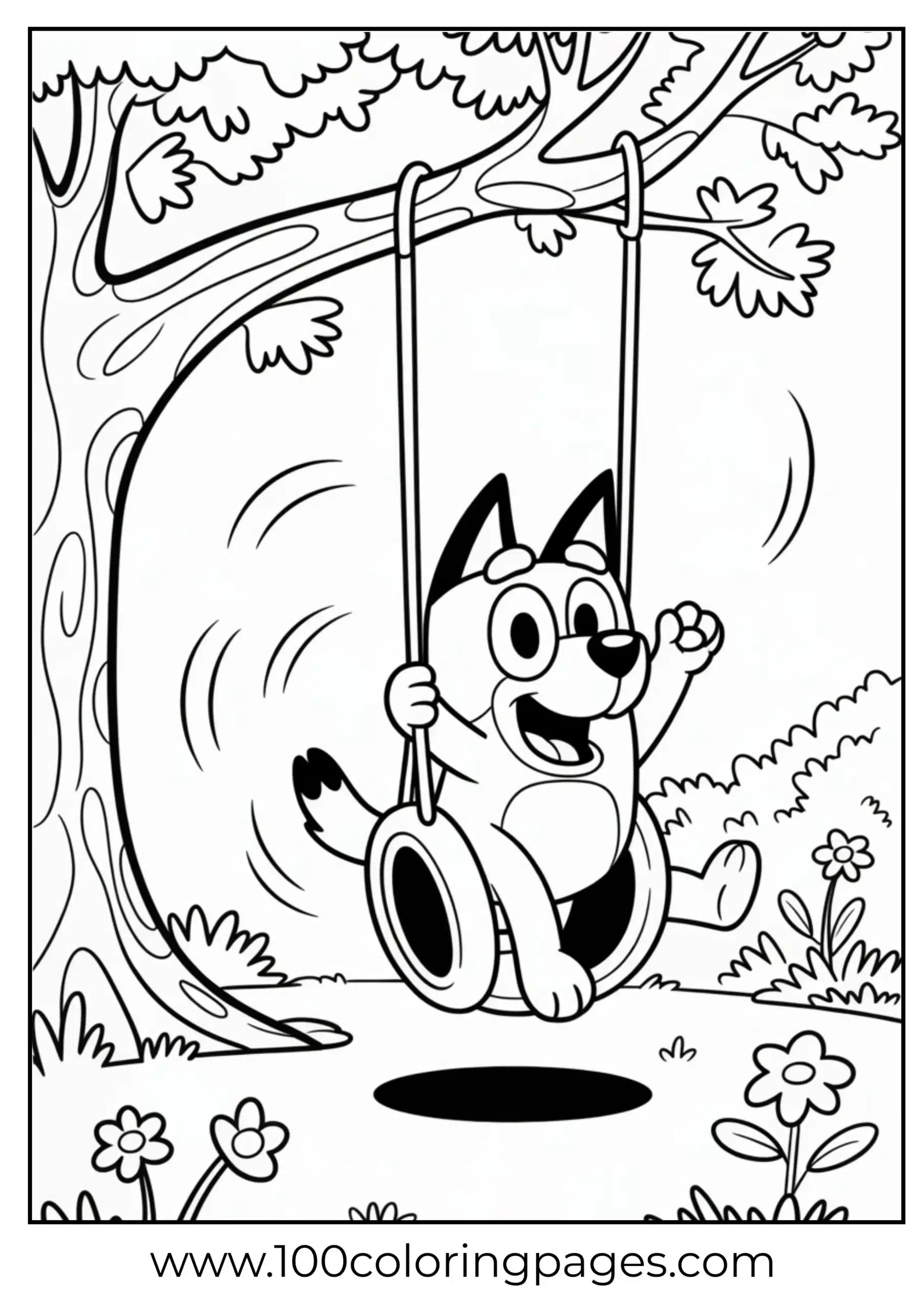Bluey on tire swing coloring page