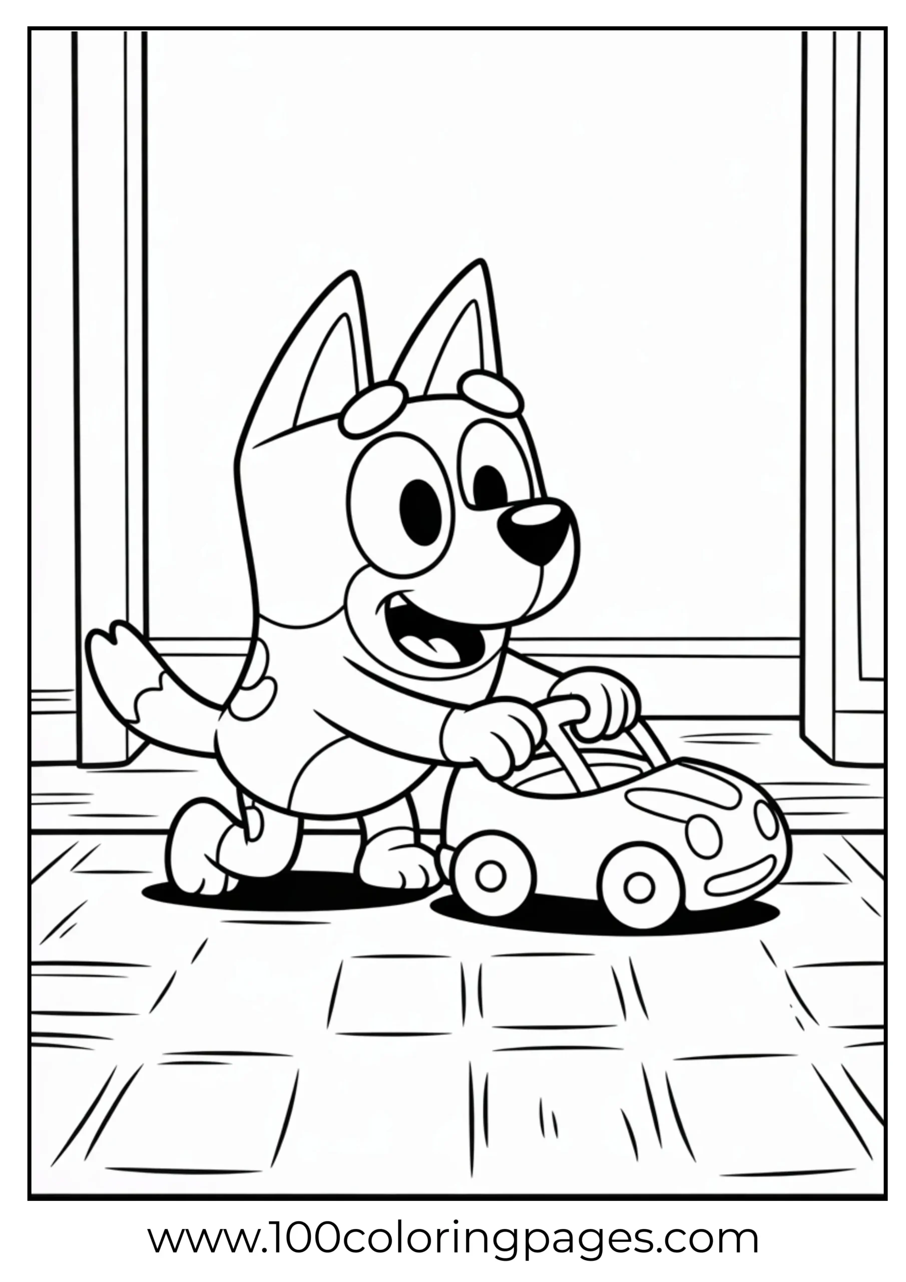 Bluey playing with toy car coloring page