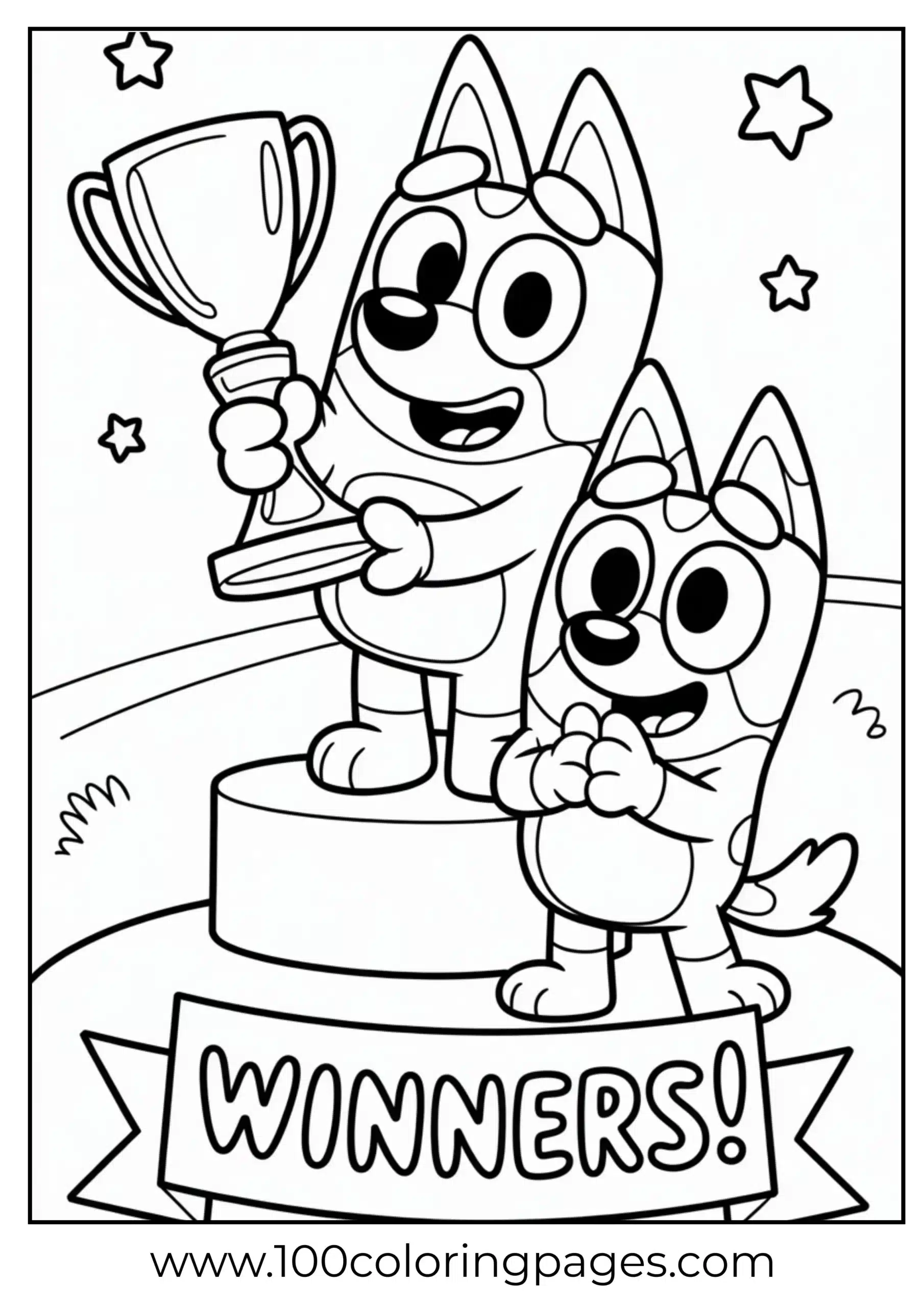 Bluey with trophy and Bingo cheering coloring page