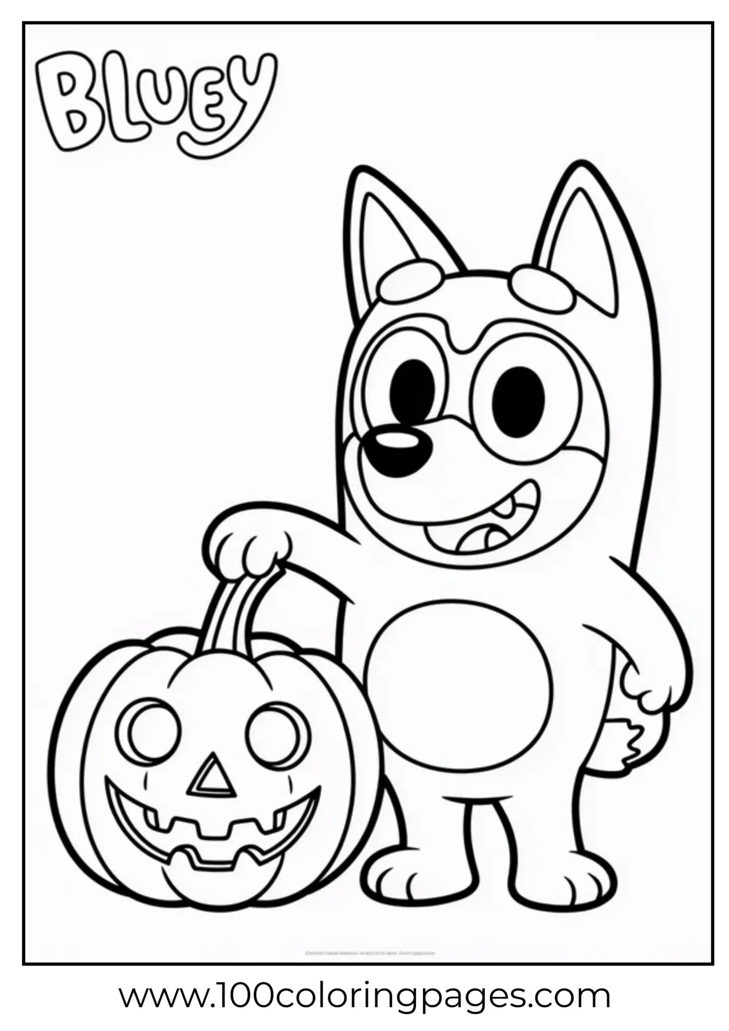 Bluey cartoon character holding a carved pumpkin
