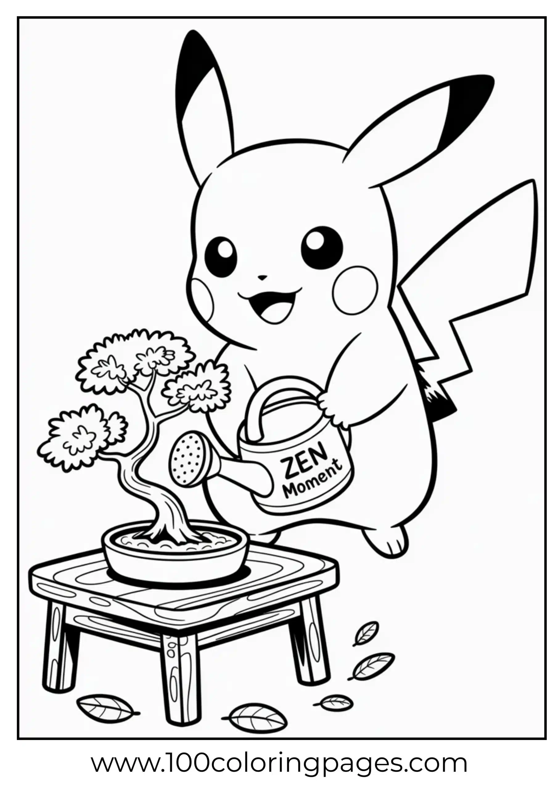 Pikachu watering bonsai on table