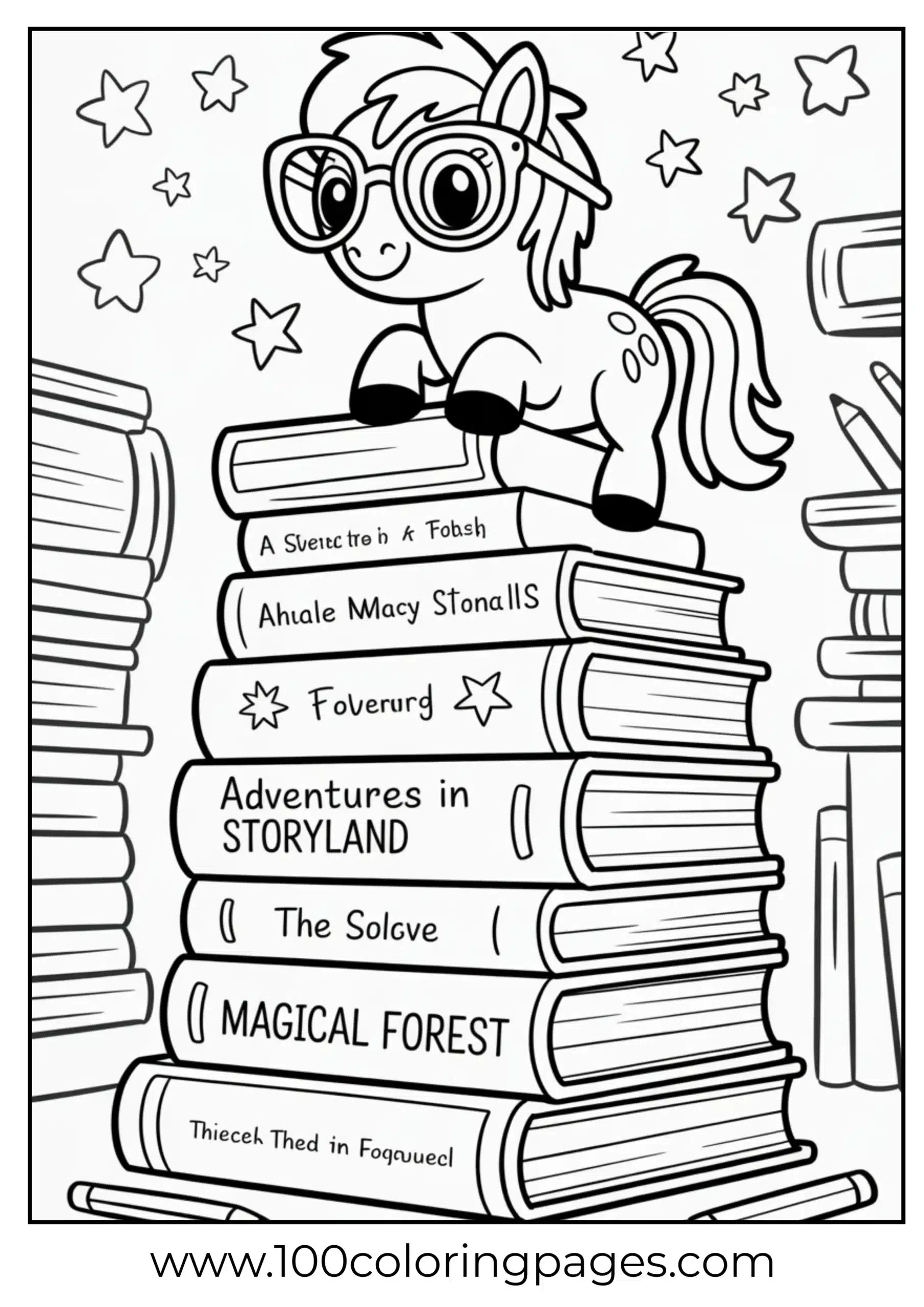 Pony climbing book stack with glasses