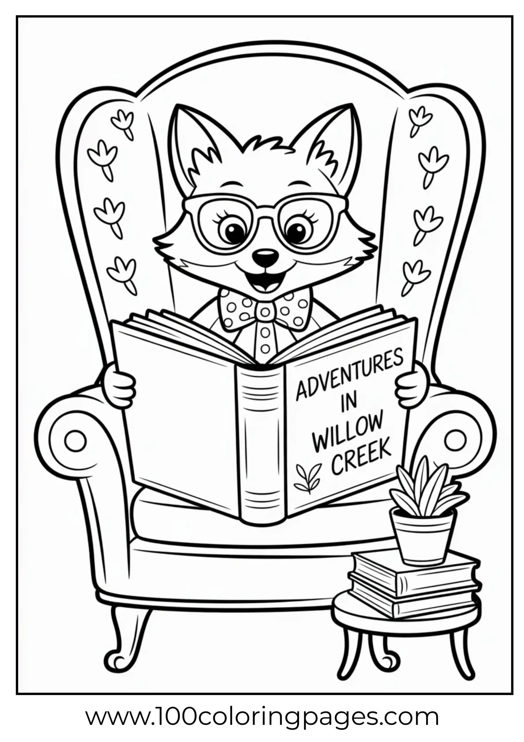 Fox reading big book with glasses