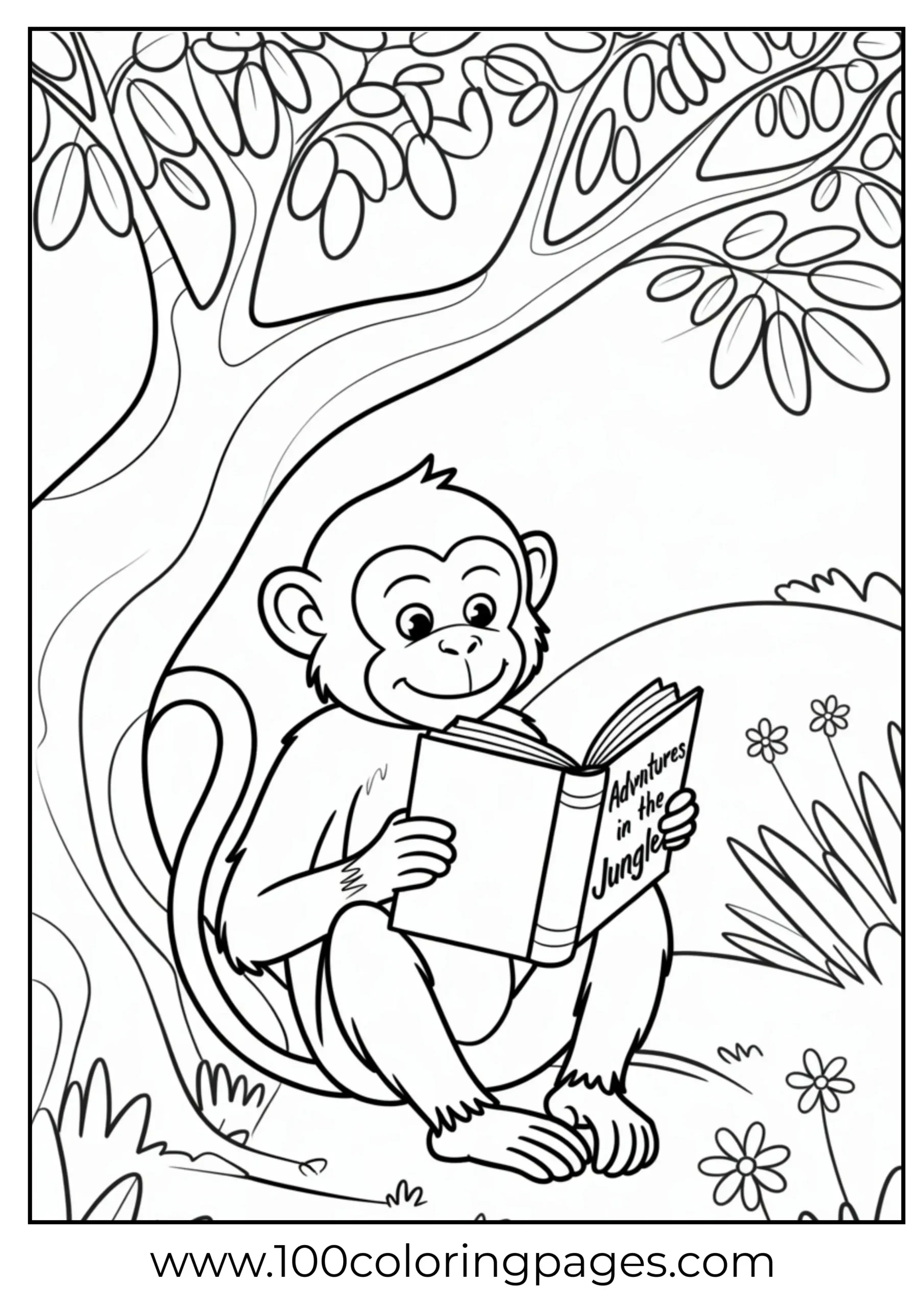Monkey reading under tree coloring page