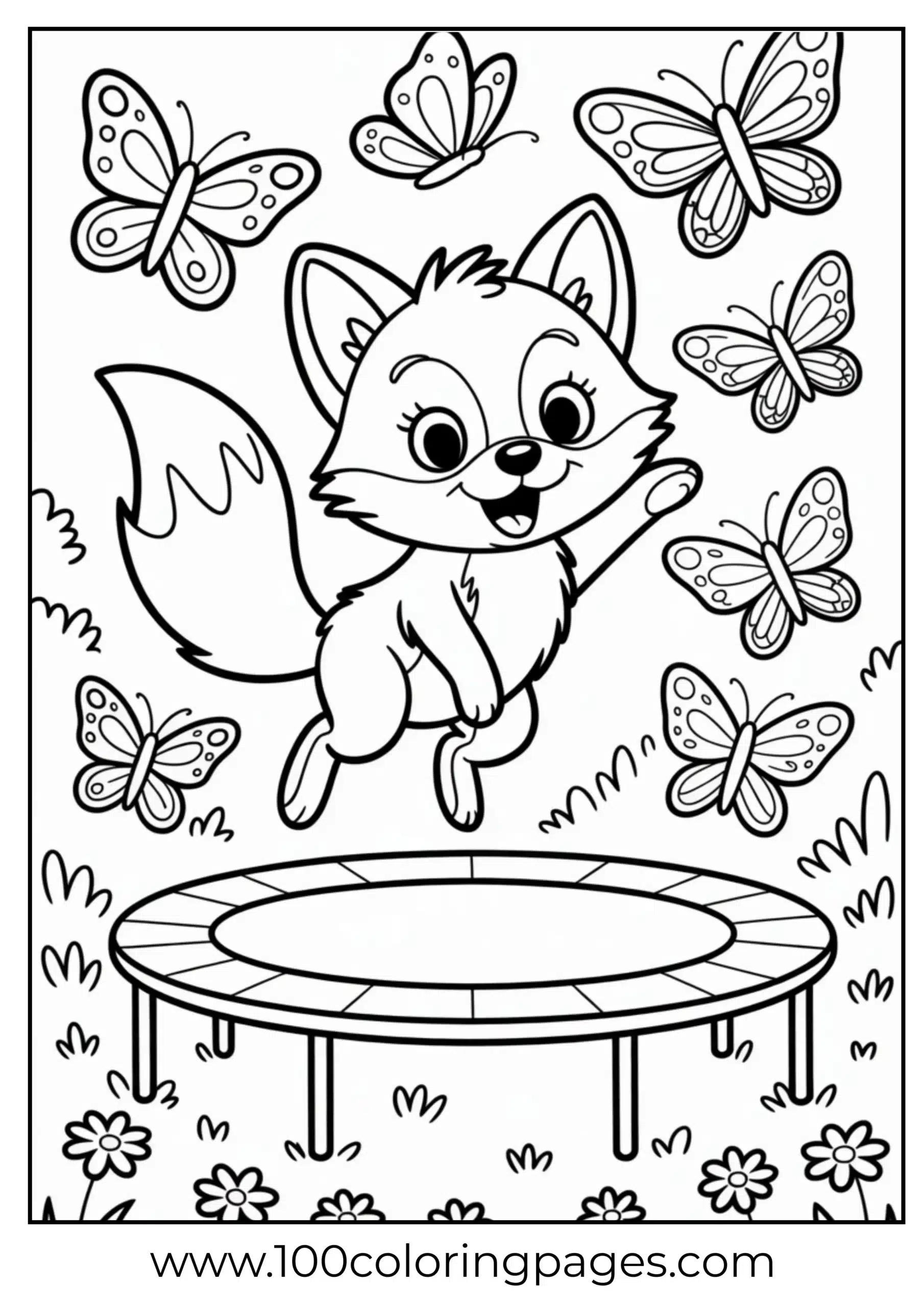Fox bouncing on trampoline in field