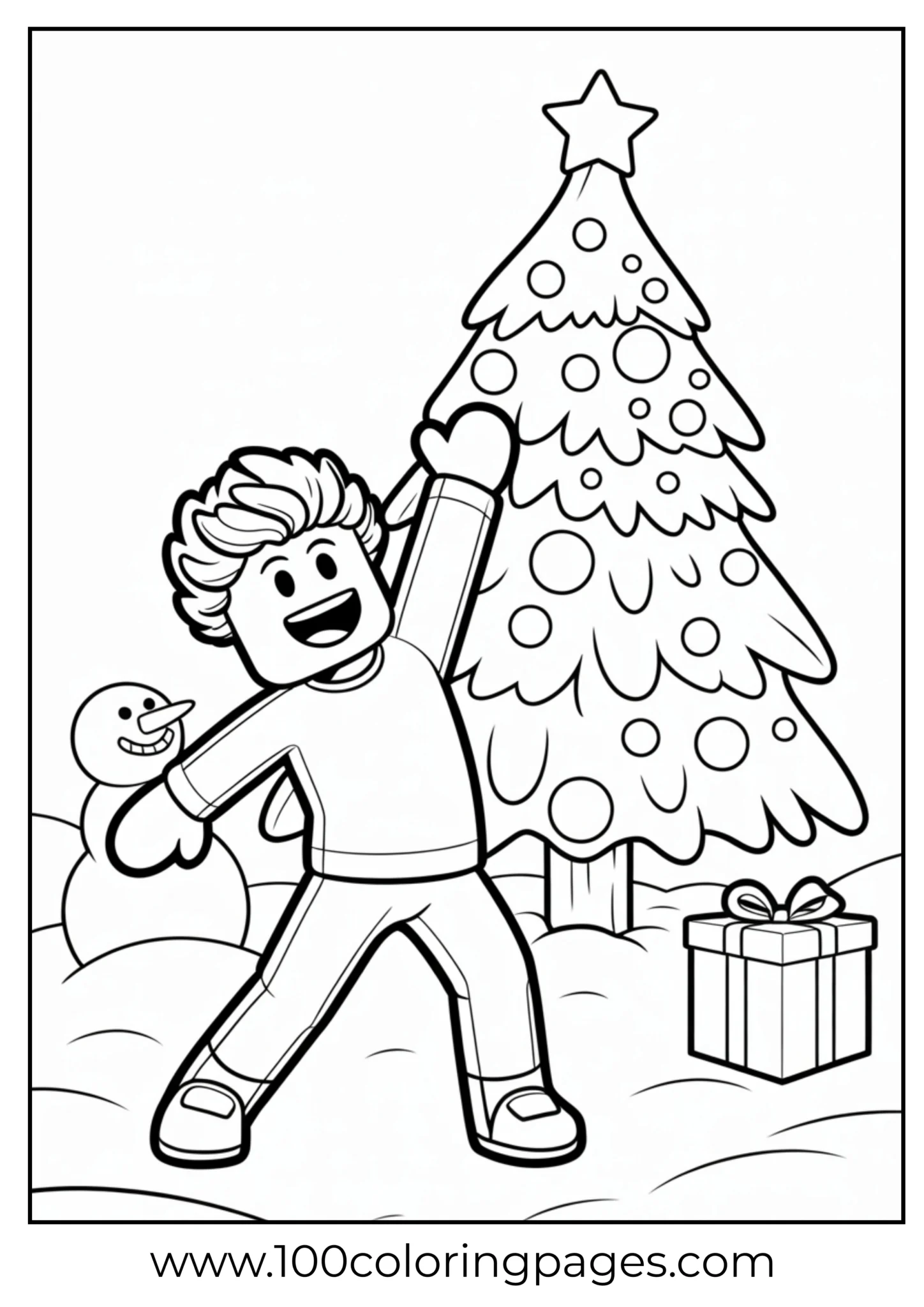 Boy hanging ornaments on a Christmas tree beside a snowman