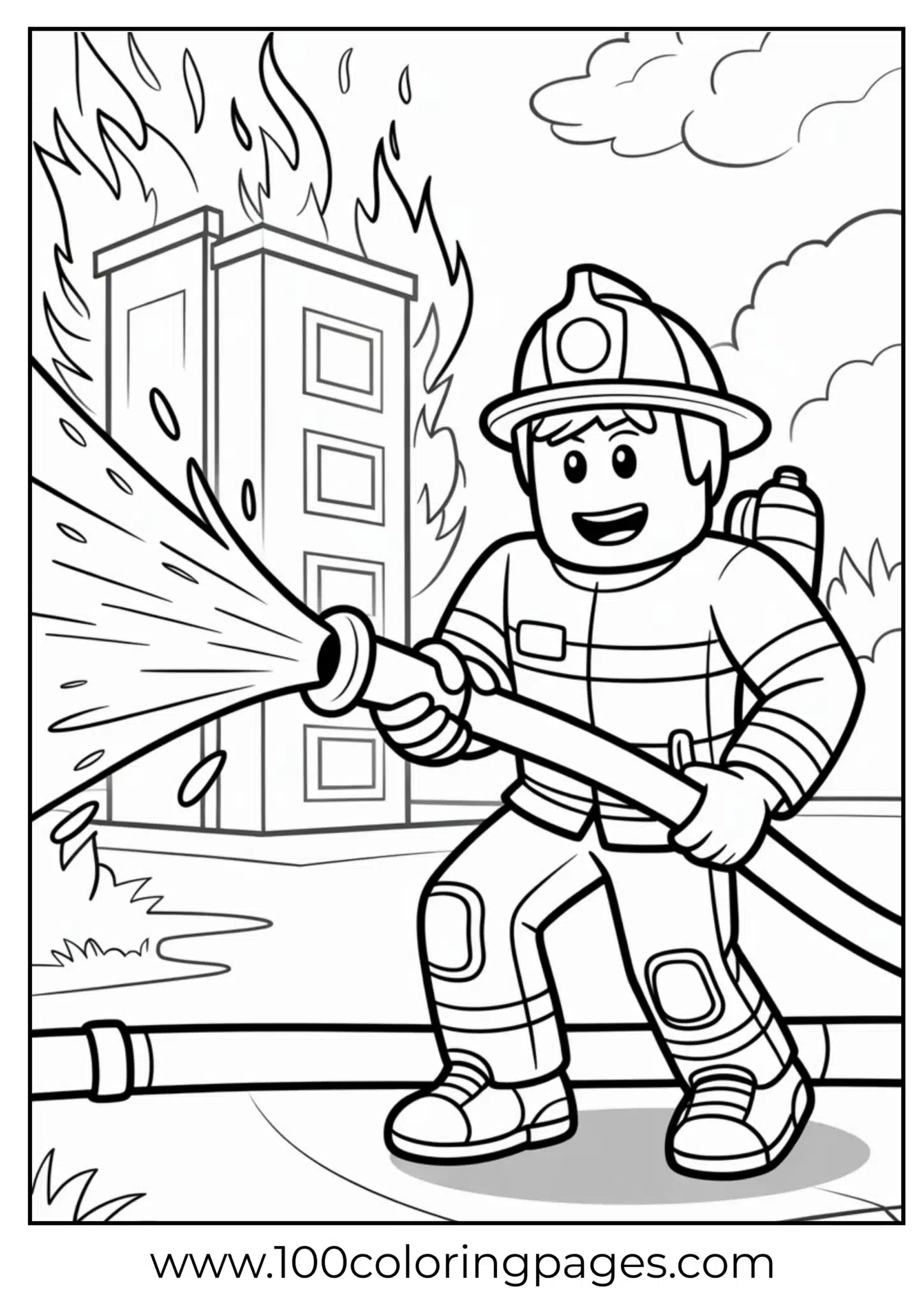 Firefighter spraying water on fire, coloring page