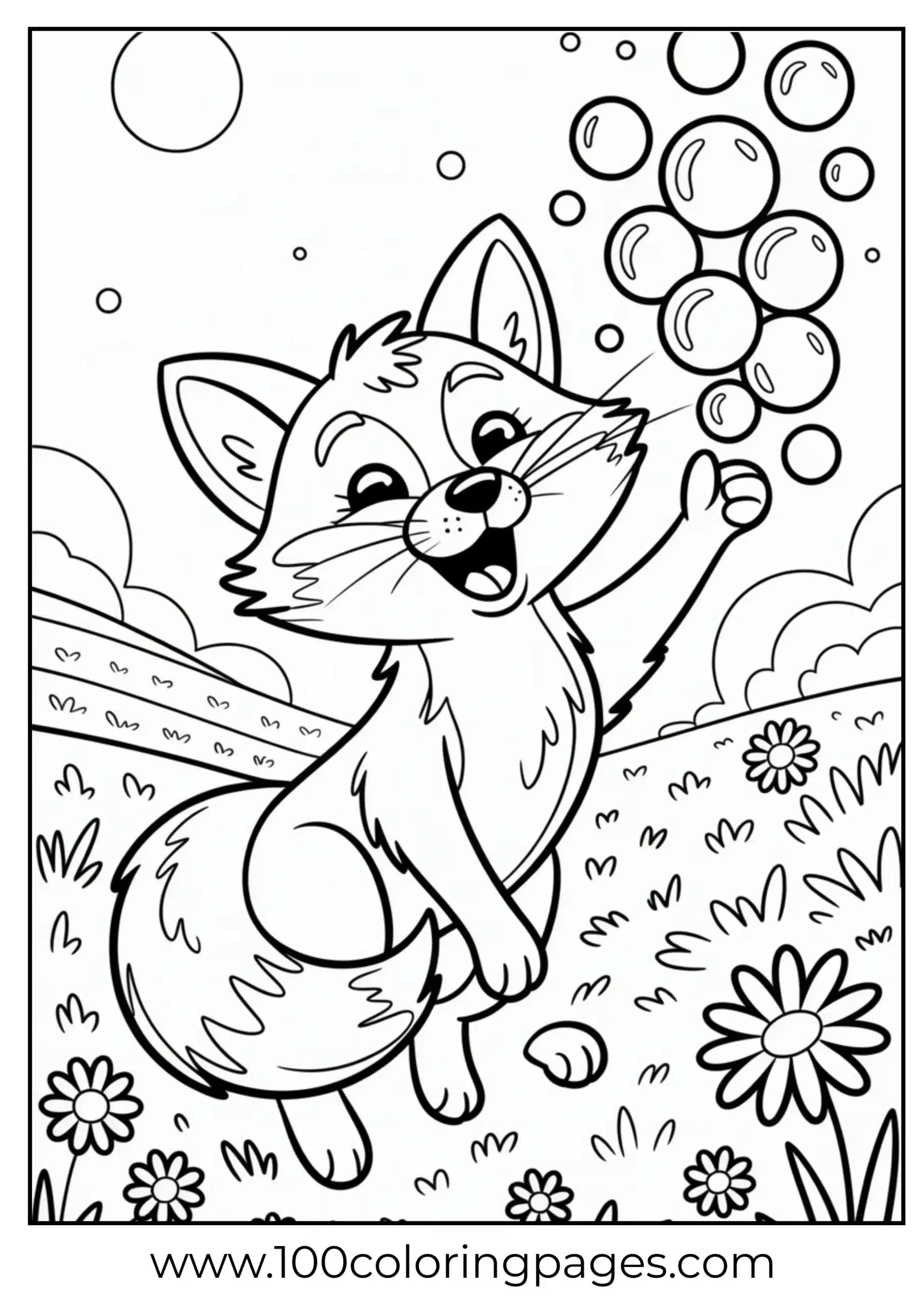 Fox playing with bubbles in grass
