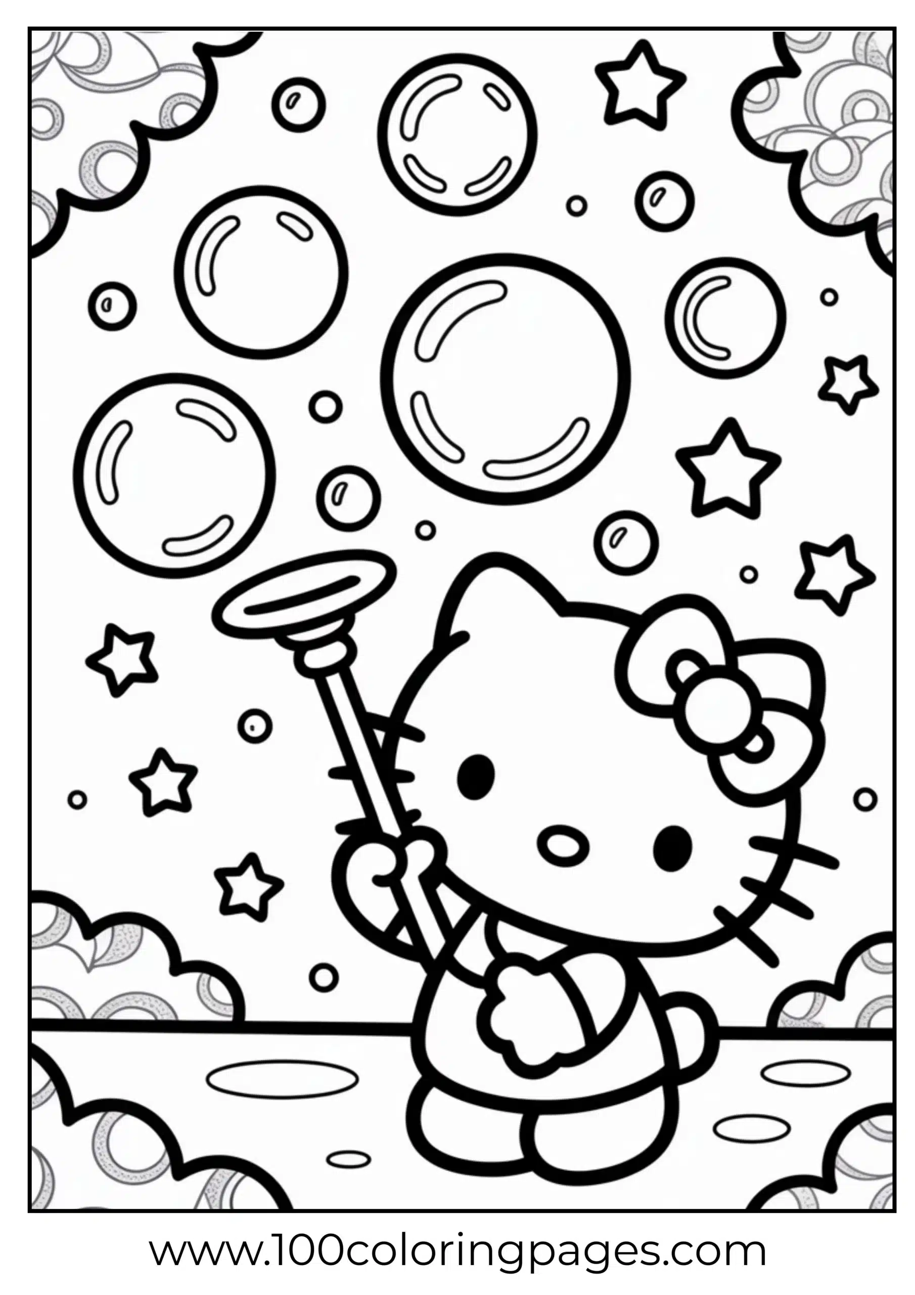Hello Kitty blowing bubbles coloring page