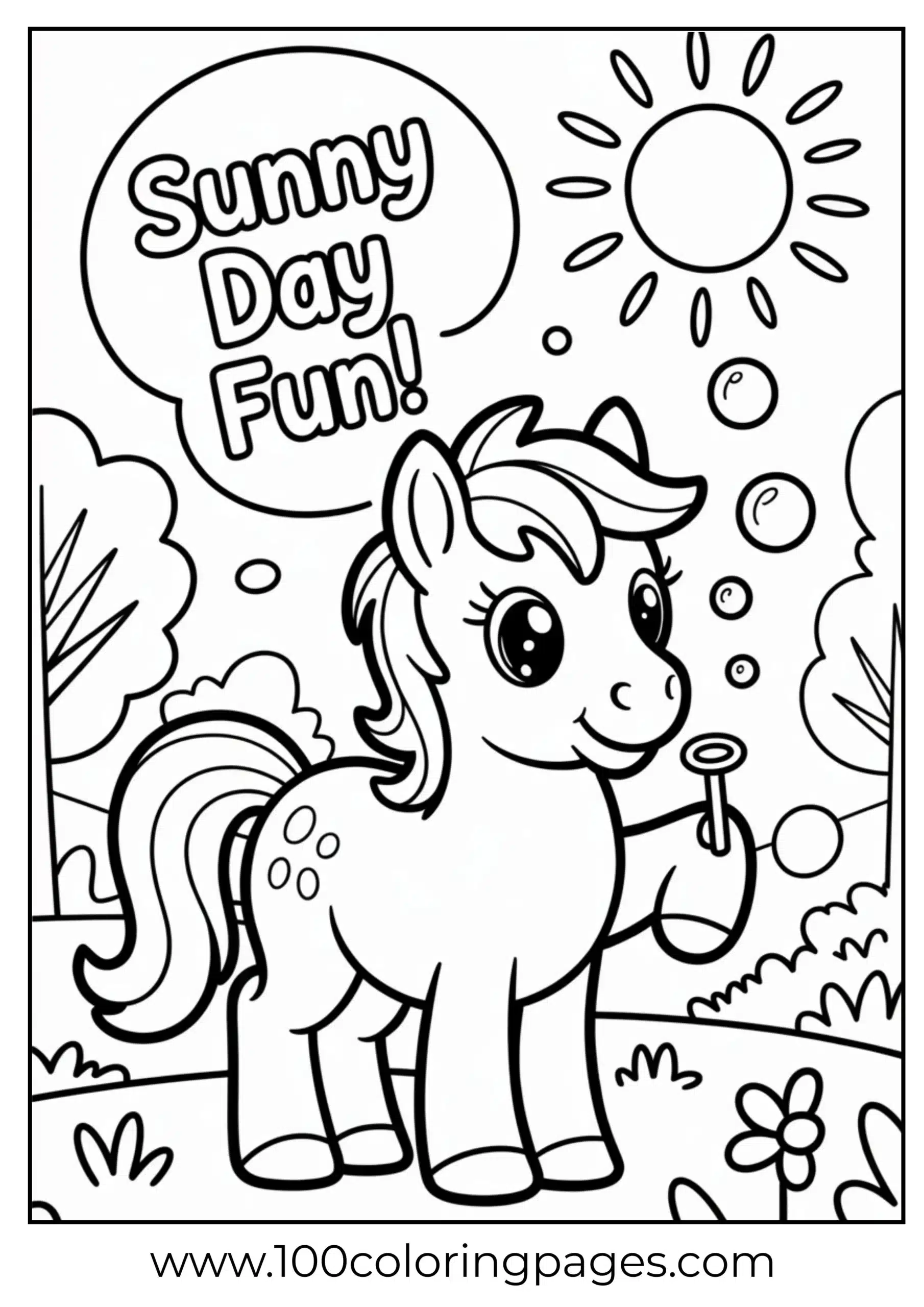 Pony blowing bubbles in park