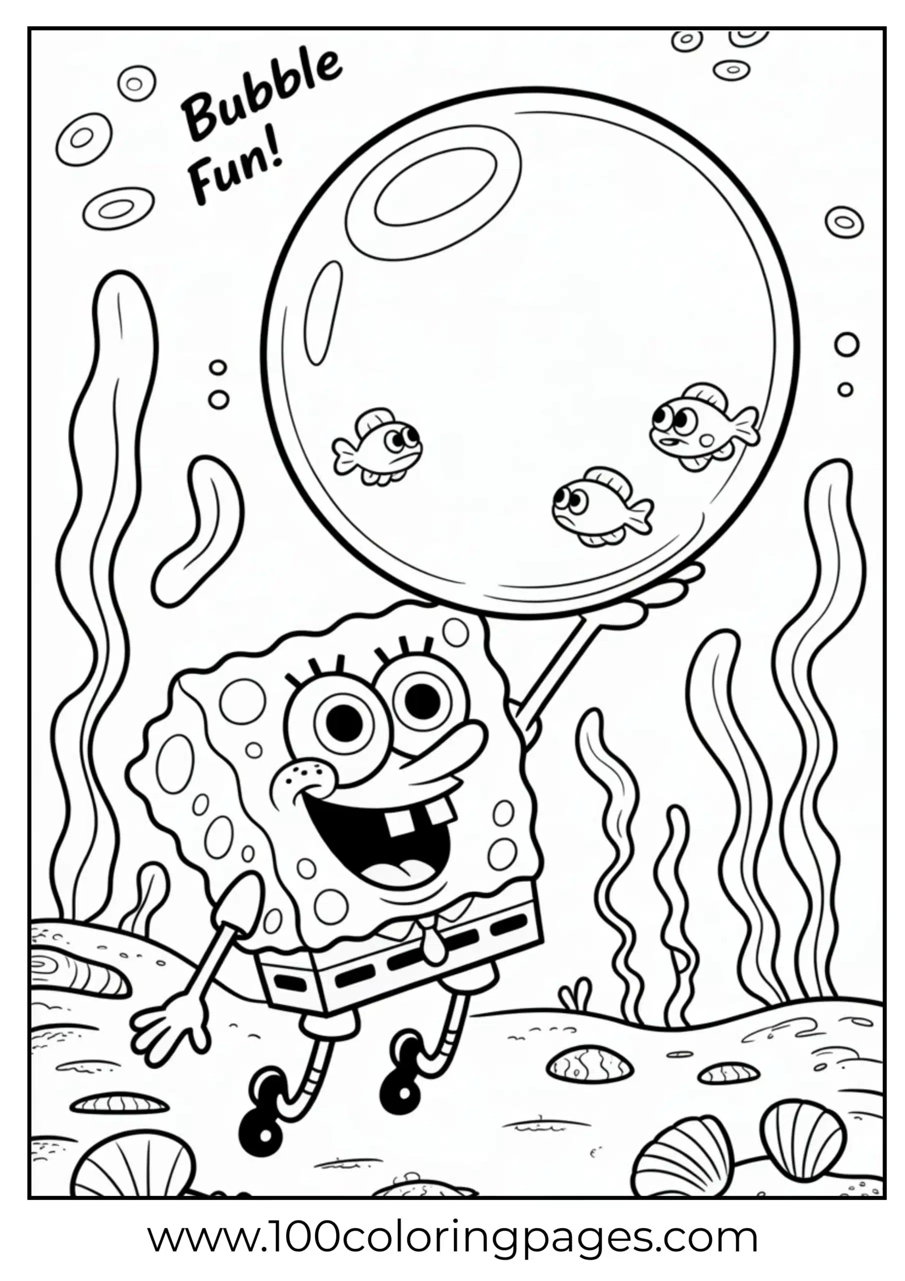 SpongeBob blowing bubble surrounded by seaweed outlines