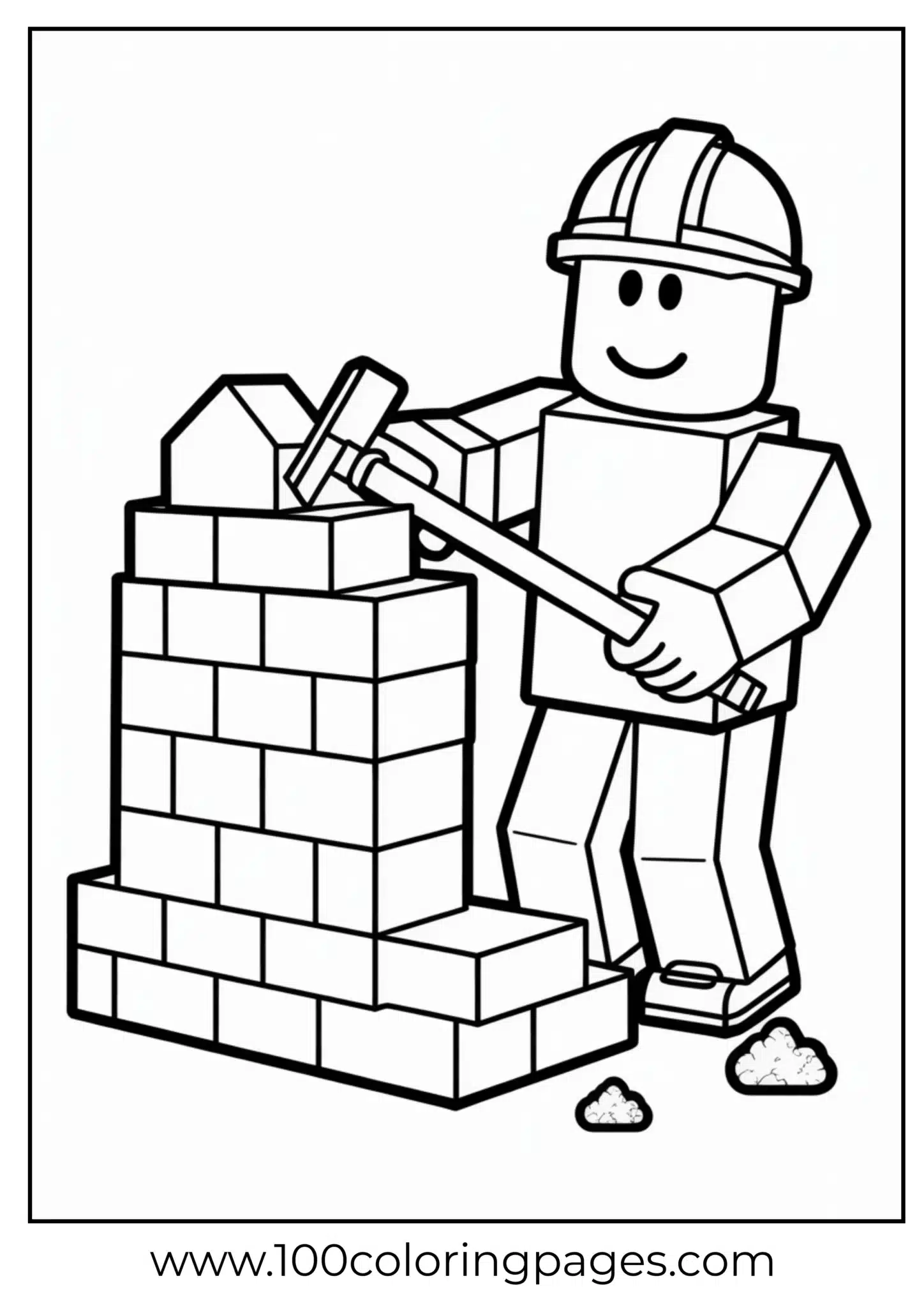 Cartoon builder constructing a brick wall coloring page