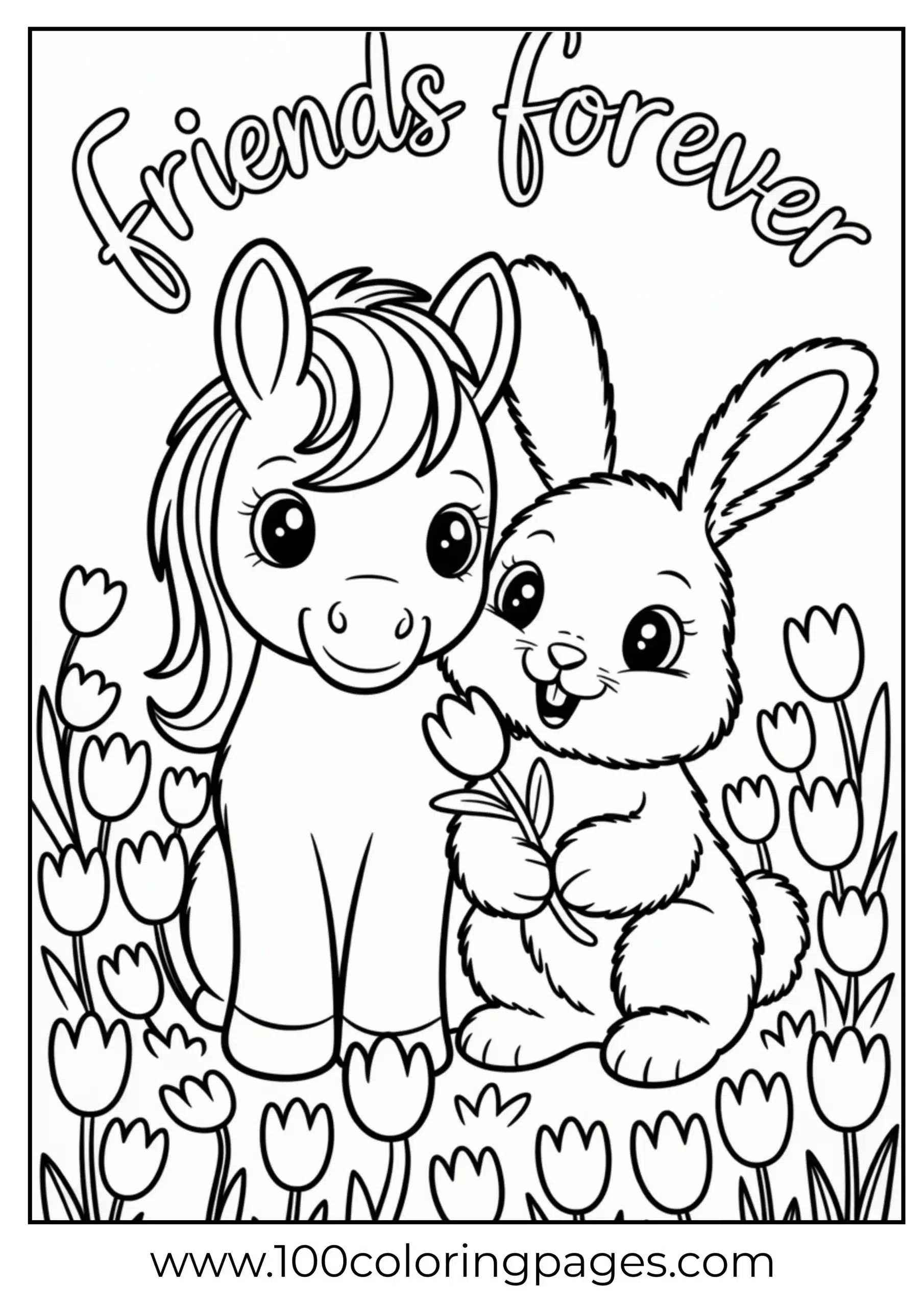 Pony and bunny in tulip field