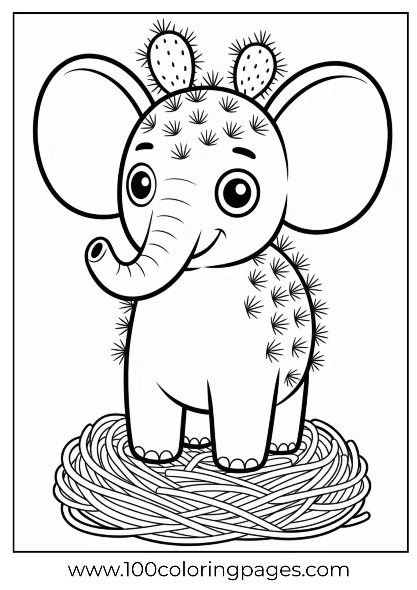 Cute elephant with cactus features sitting on a bird's nest