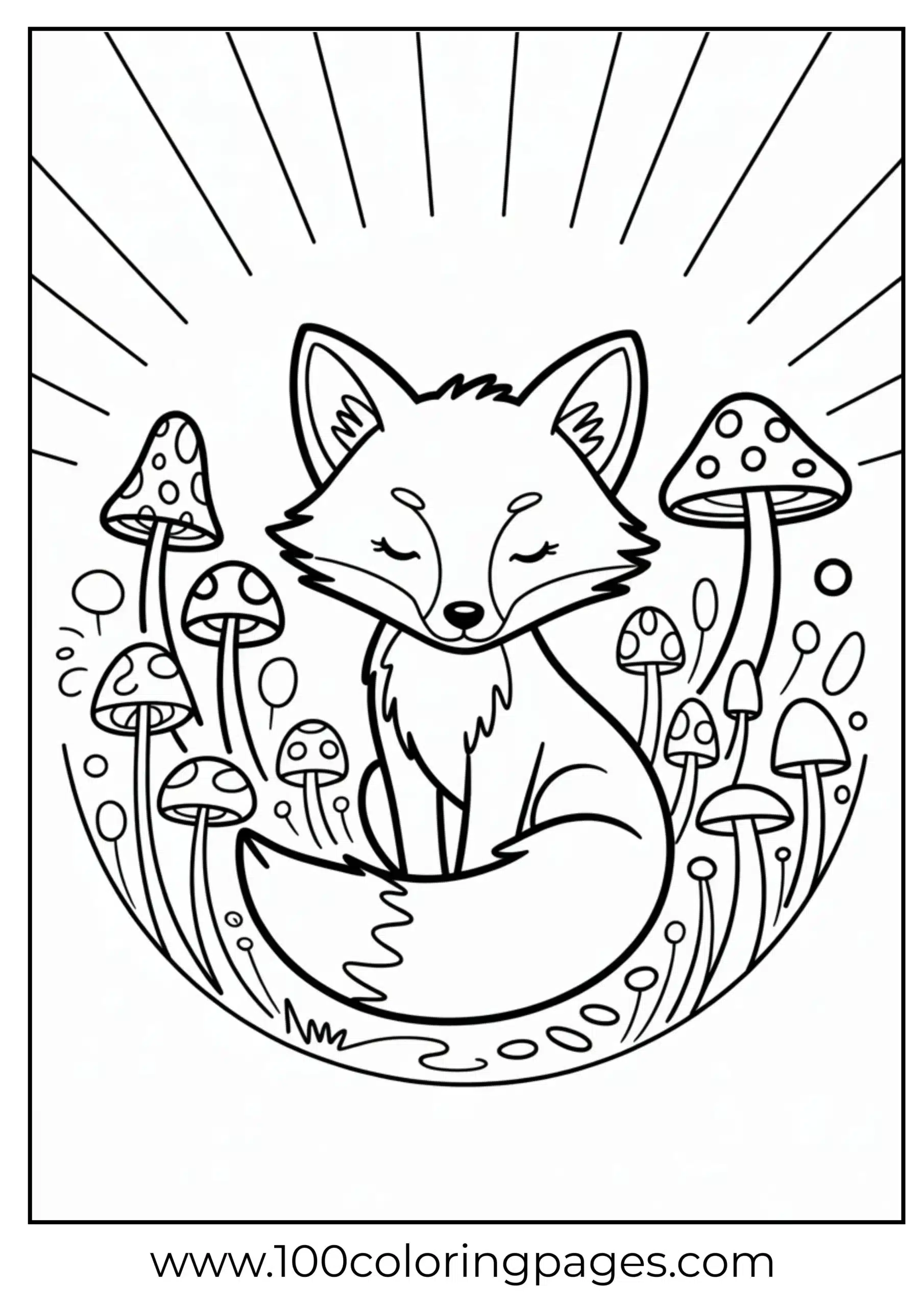 Fox in peaceful mushroom ring with sun rays