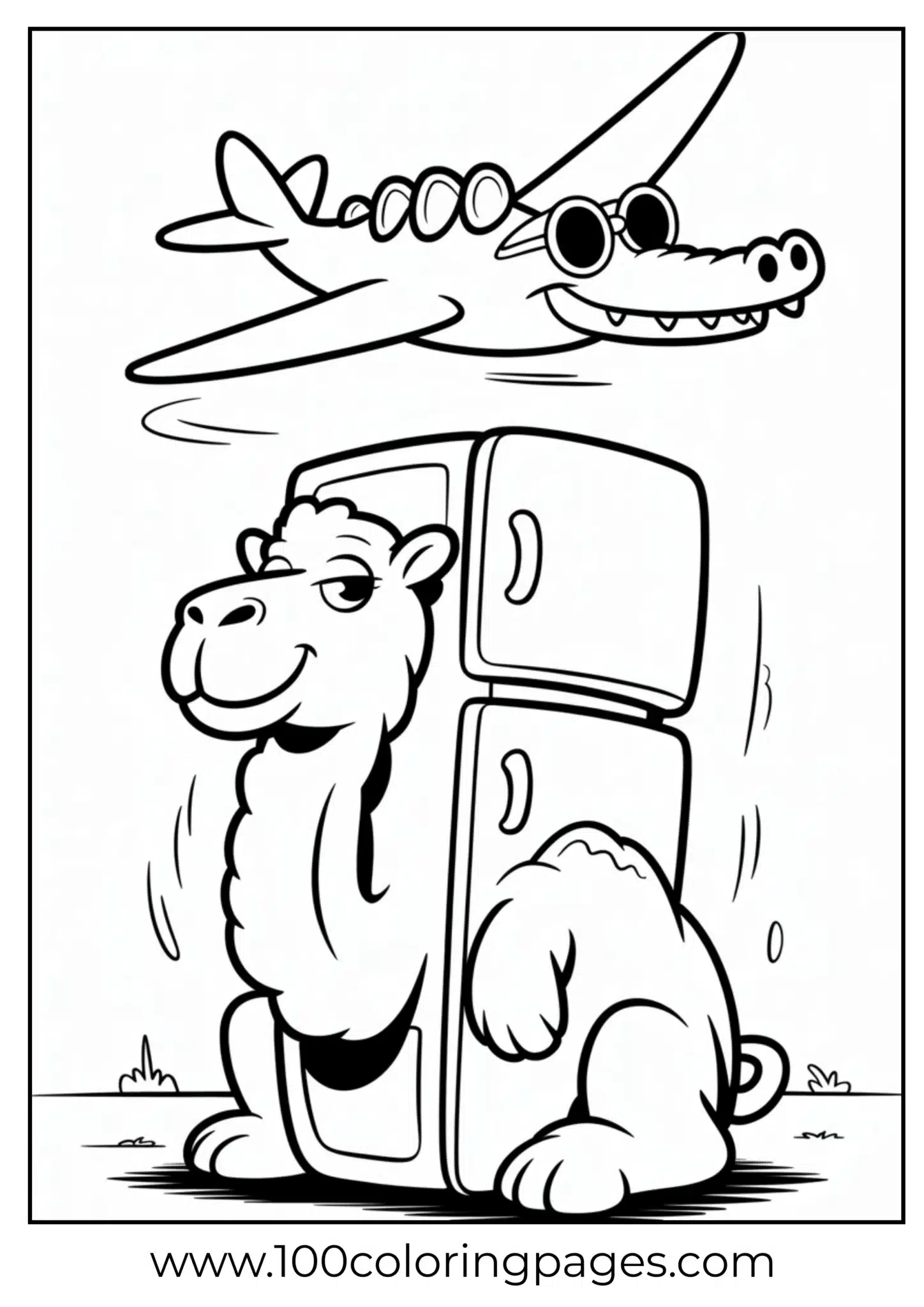 Camel and crocodile with airplane in cartoon style
