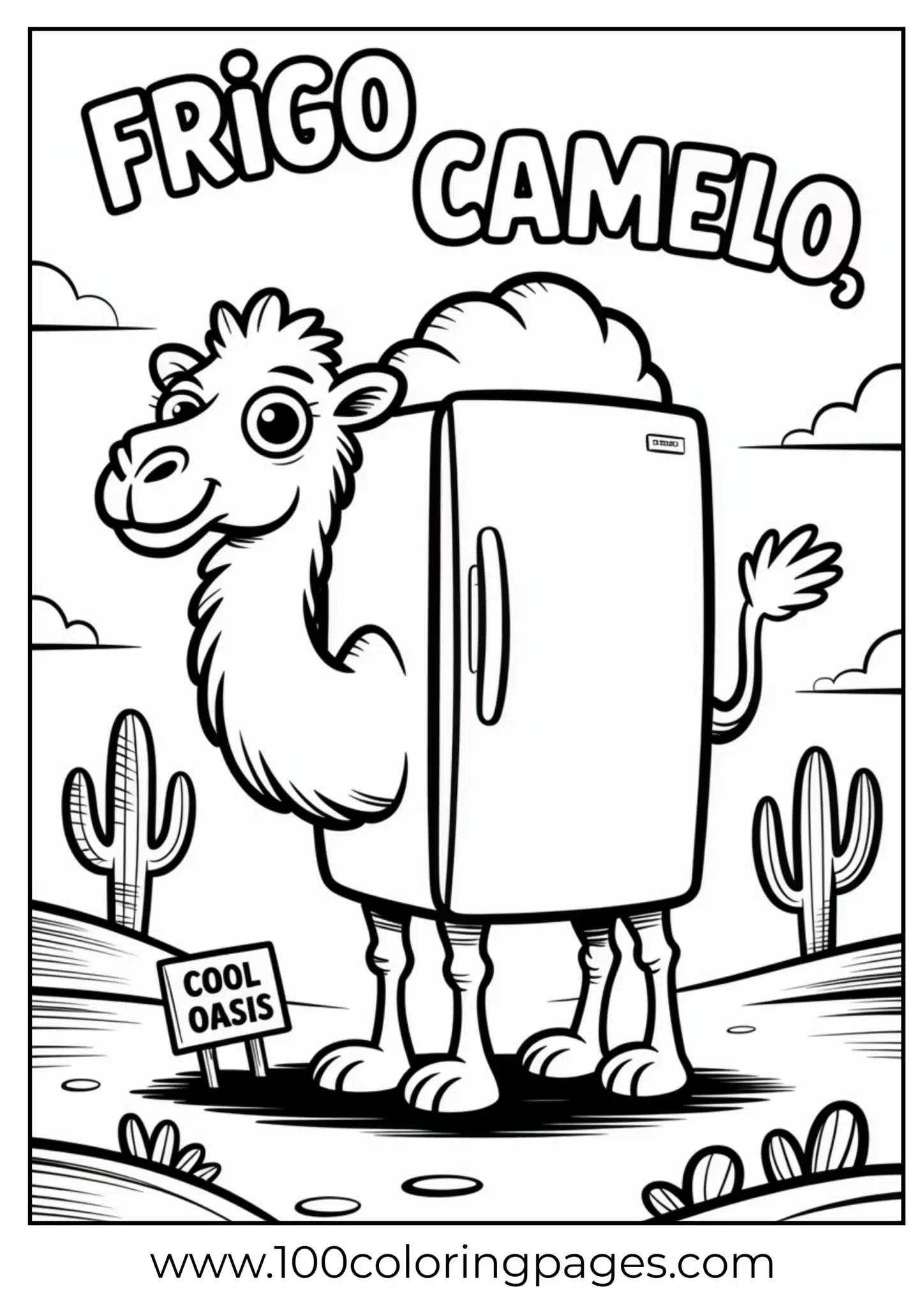 Cartoon camel with a refrigerator on its back in a desert