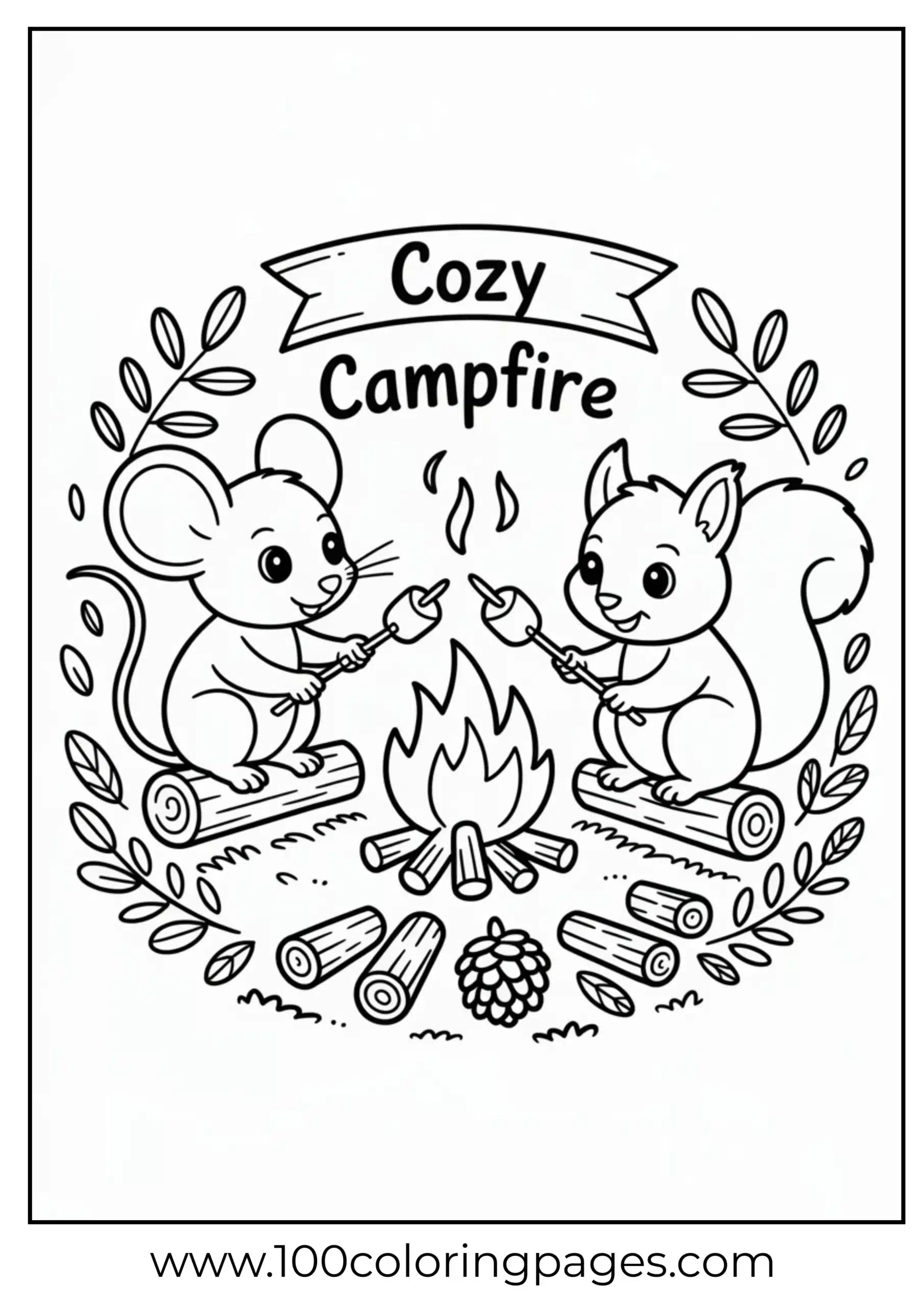 Cute mouse and squirrel at campfire coloring page